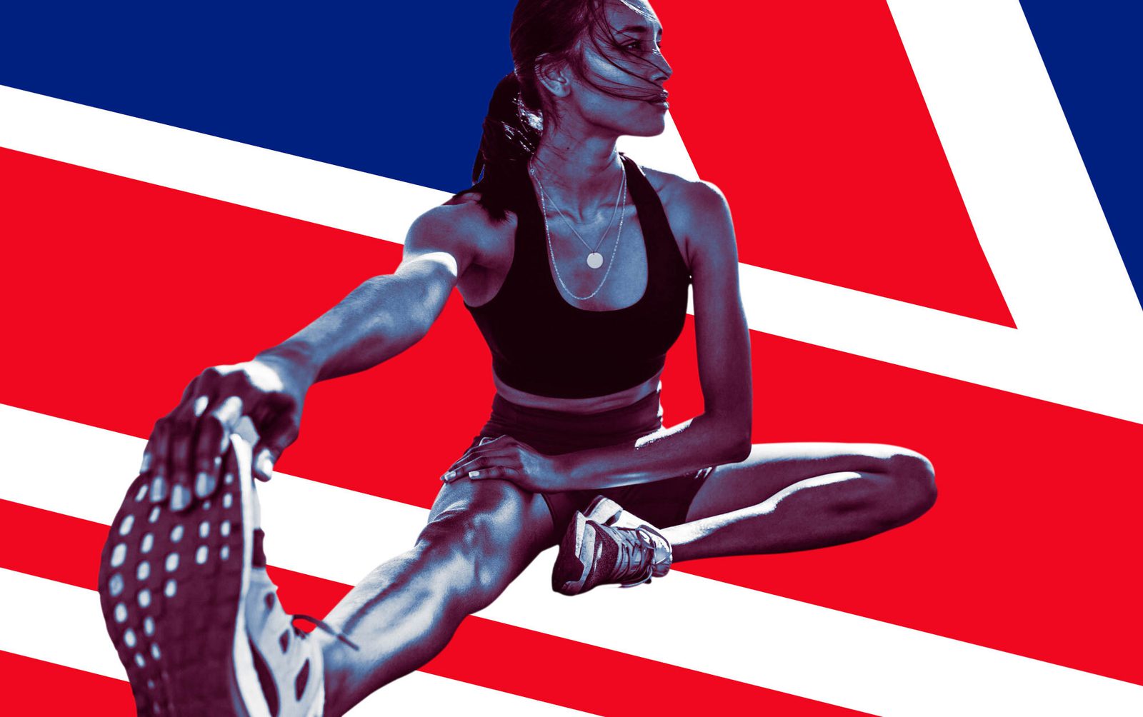 A woman in athletic wear stretches her leg with a dynamic pose against a vibrant background of red, white, and blue geometric shapes.