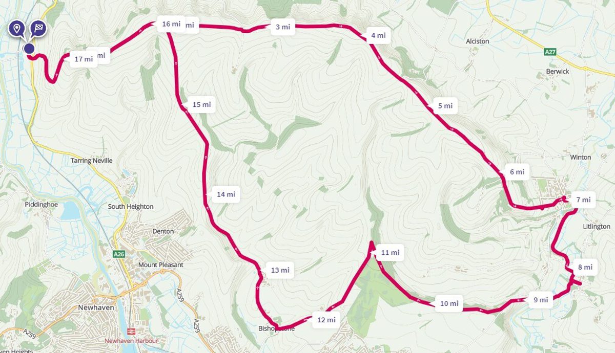 UK Ultra Event Training Run – Southease Loop via Alfriston – Guided Trail Run course map