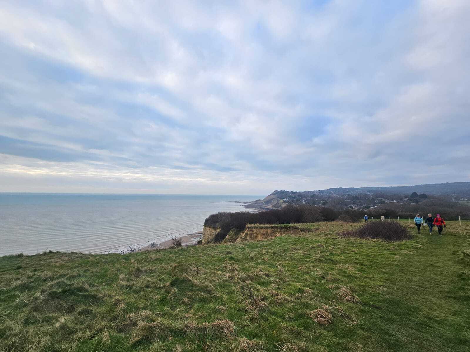 A coastal landscape with a grassy field leading to cliffs overlooking a calm sea under a cloudy sky. On the right, a few individuals walk towards the horizon. Hilly terrain and trees can be seen in the distance. The mood is tranquil and expansive.