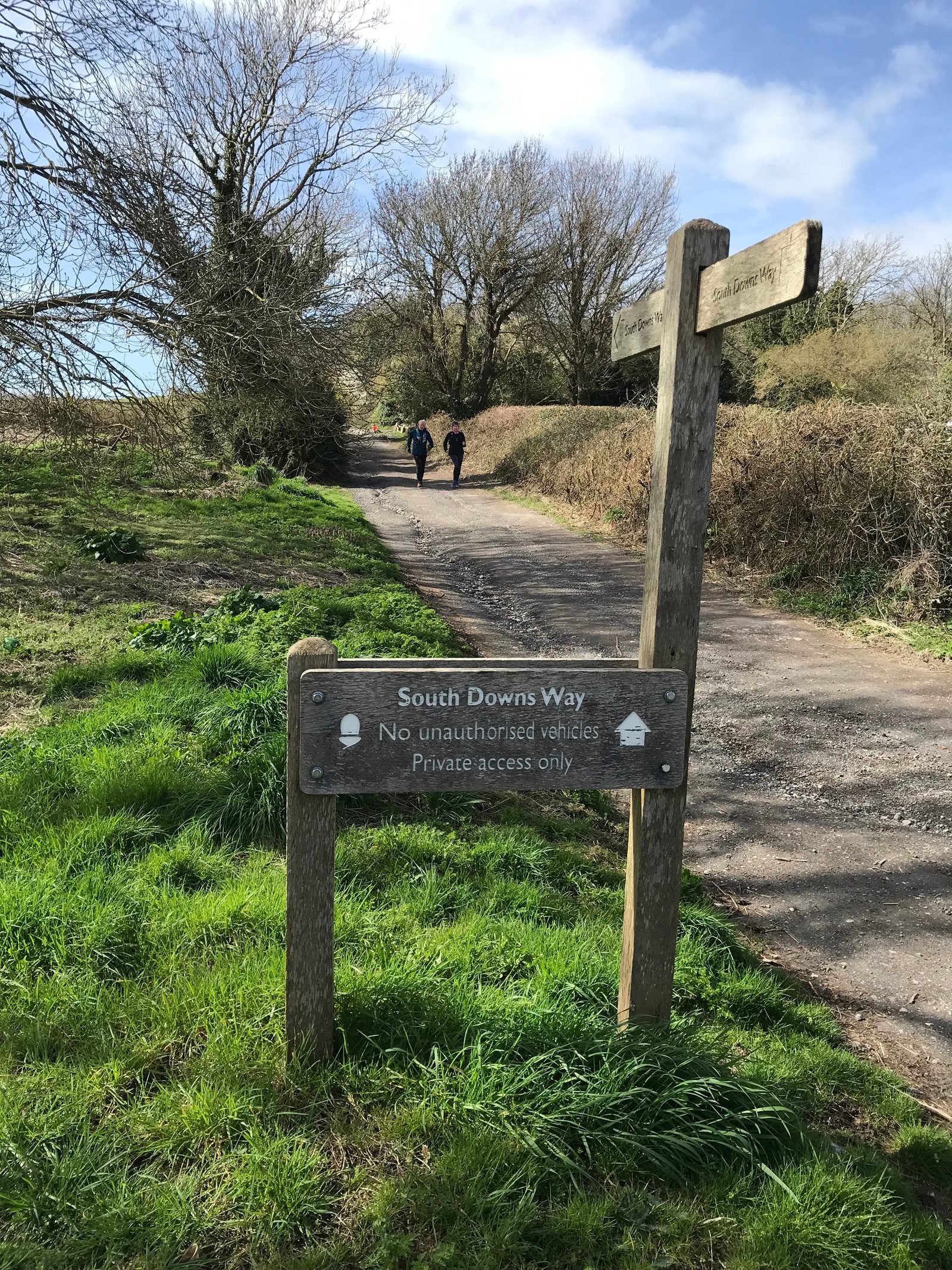 A dirt path marked by a wooden sign reading "South Downs Way. No unauthorised vehicles. Private access only" stretches out under a clear blue sky. Two people walk in the distance, surrounded by trees and bushes. Interpretive signs are mounted on wooden posts beside the path.