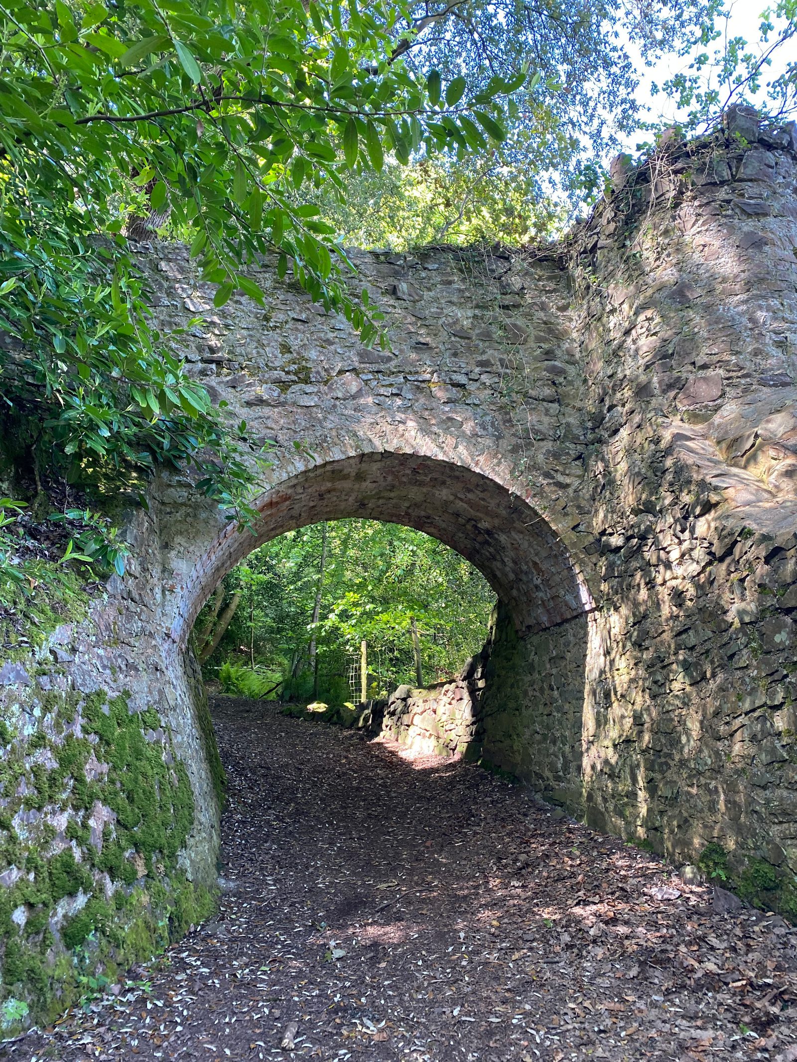 A stone arch bridge in a wooded area with sunlight filtering through the trees. The bridge has moss growing on its surface, and a dirt path runs underneath it, leading further into the forest. Leaves and branches frame the scene from above.