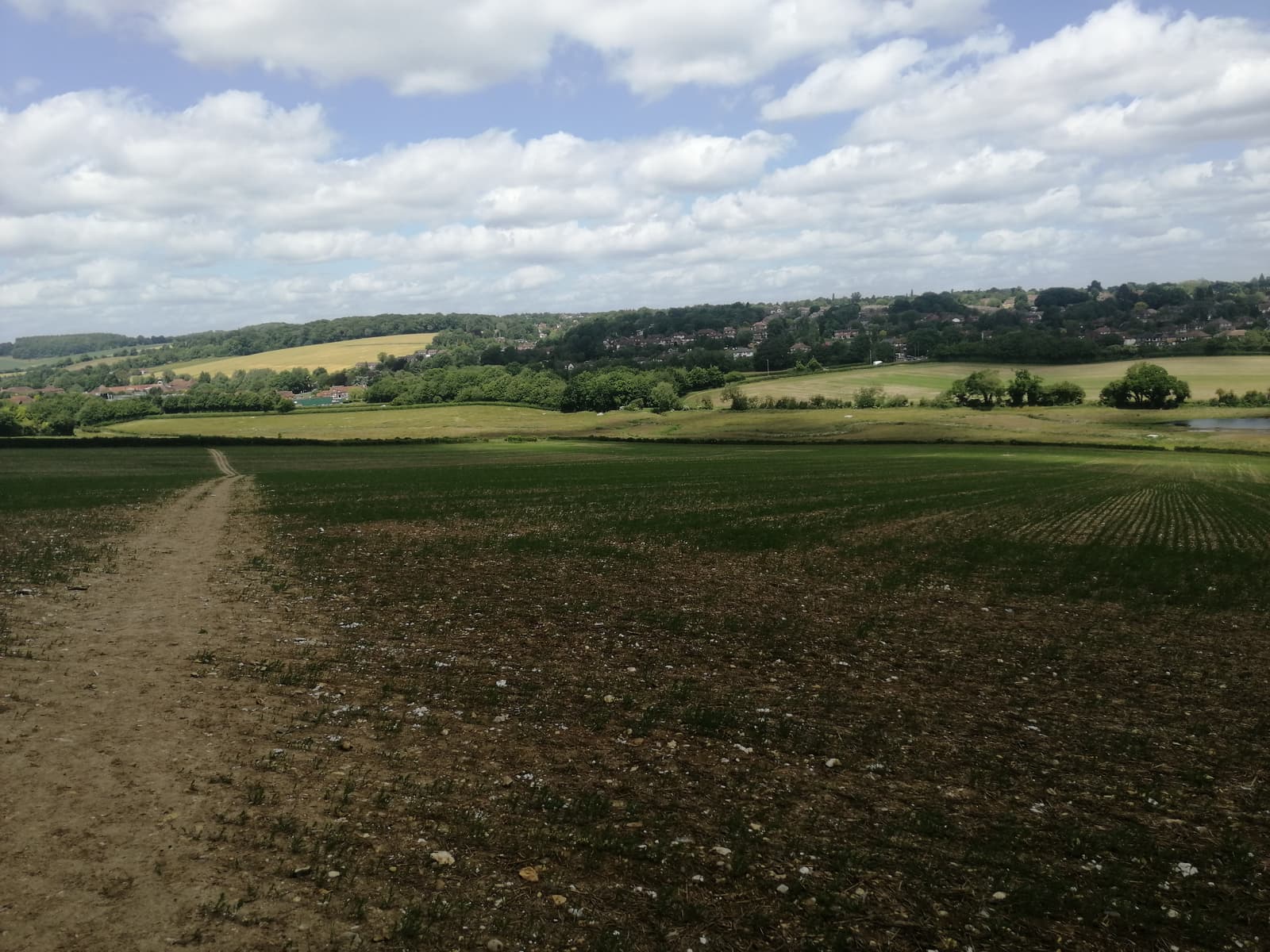 A dirt path runs through a vast, open field with sparse greenery under a partly cloudy sky. In the background, a patchwork of green fields and a distant village with houses surrounded by trees is visible at the base of rolling hills.