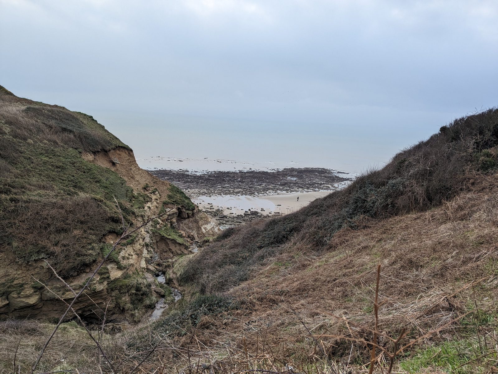 A coastal landscape with a small stream flowing through grassy and rocky terrain towards the beach. The beach is visible in the background with some rocky formations near the shore, while the sea extends into the horizon under a cloudy sky.
