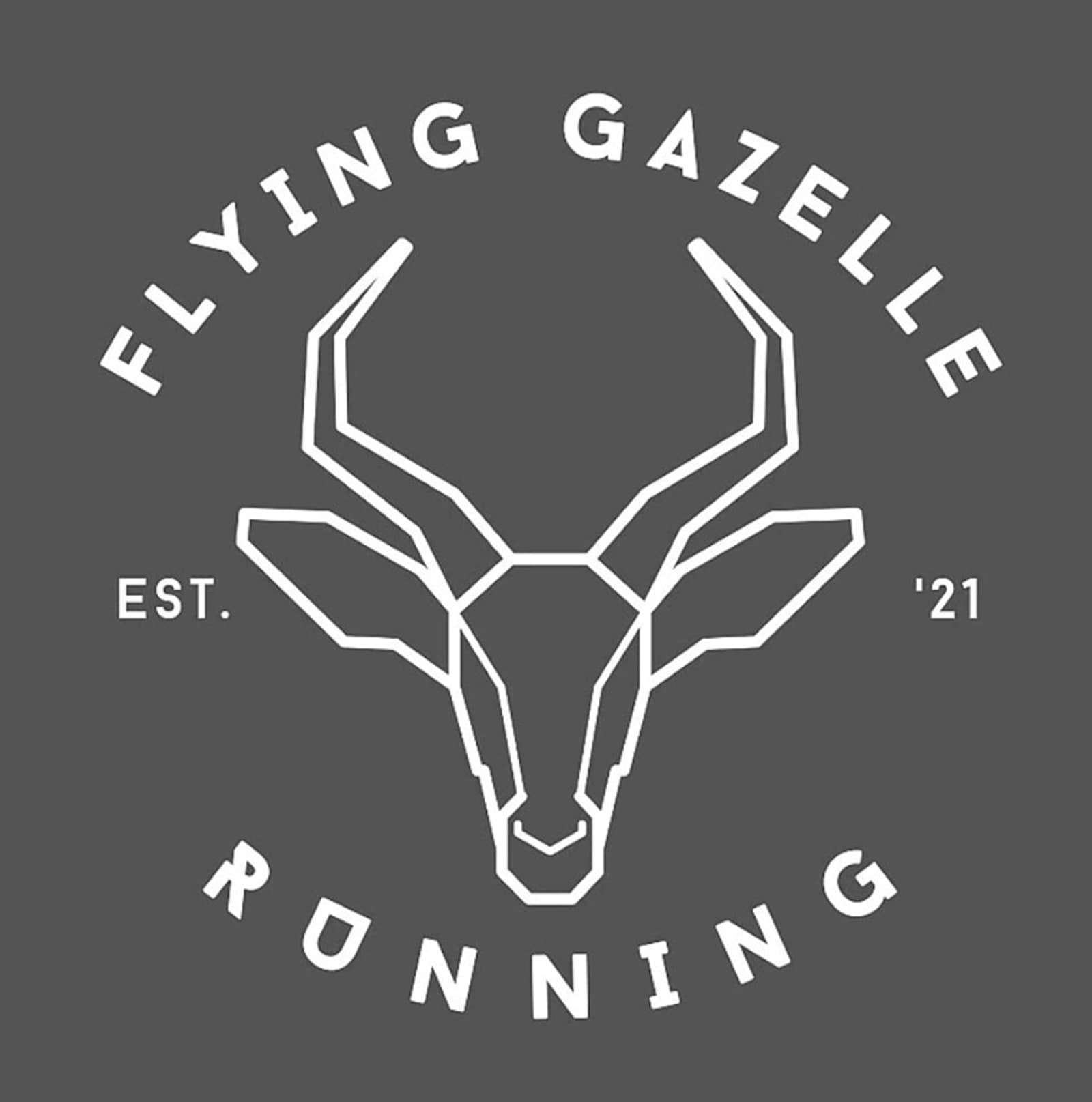 The image displays a logo for "Flying Gazelle Running." It features a stylized geometric representation of a gazelle's head. The text above and below the logo reads "FLYING GAZELLE" and "RUNNING," with "Est. '21" on either side of the gazelle.