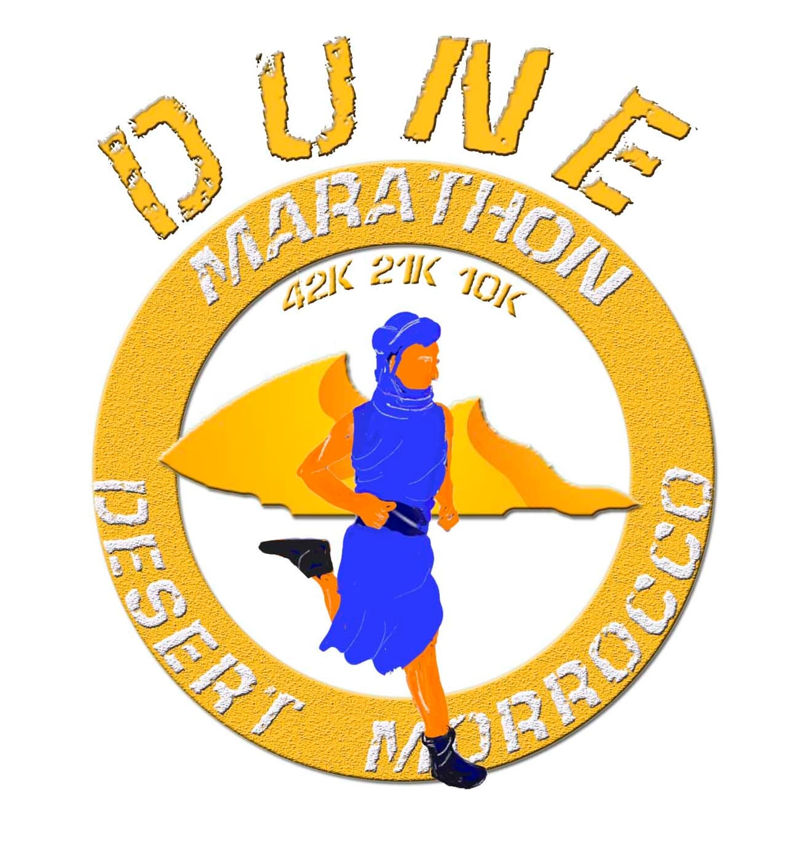 A logo for the Dune Marathon in Morocco, featuring a runner in blue attire with orange dunes in the background. The text reads "Dune Marathon 42K 21K 10K Desert Morocco" in a circular formation around the image.