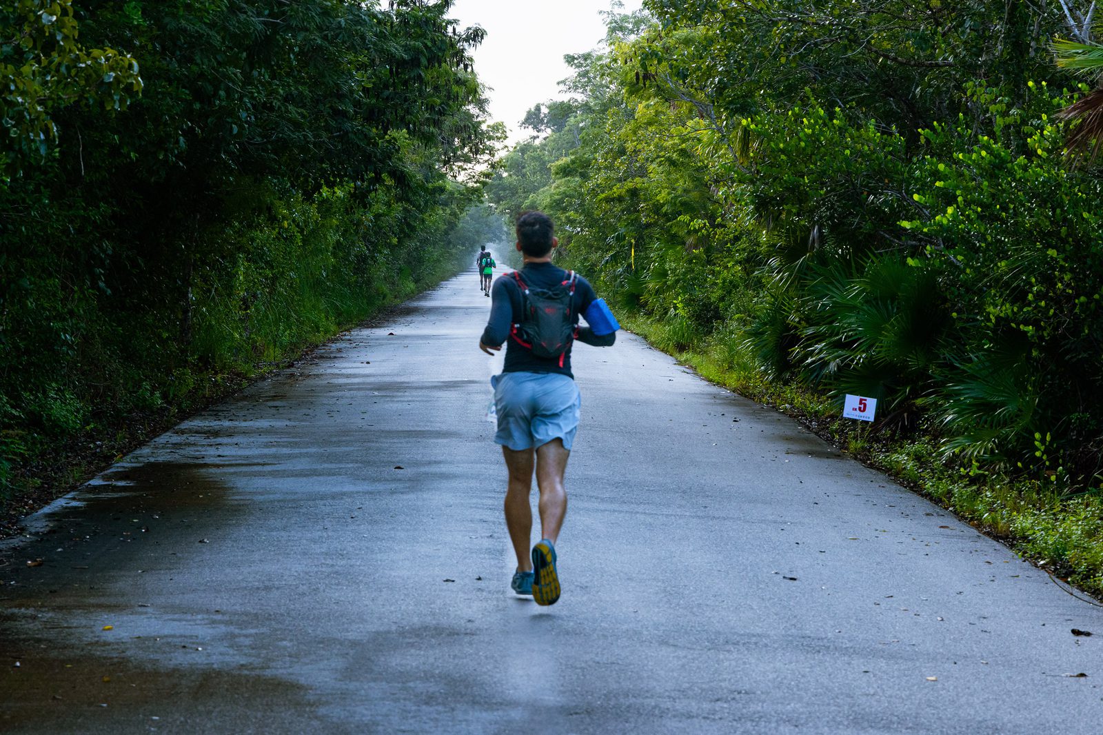 A person in athletic gear, including a hydration backpack, is running on a wet, paved road through a lush, green forest. Another runner is visible in the distance. A small mile marker sign on the right shows number 5.