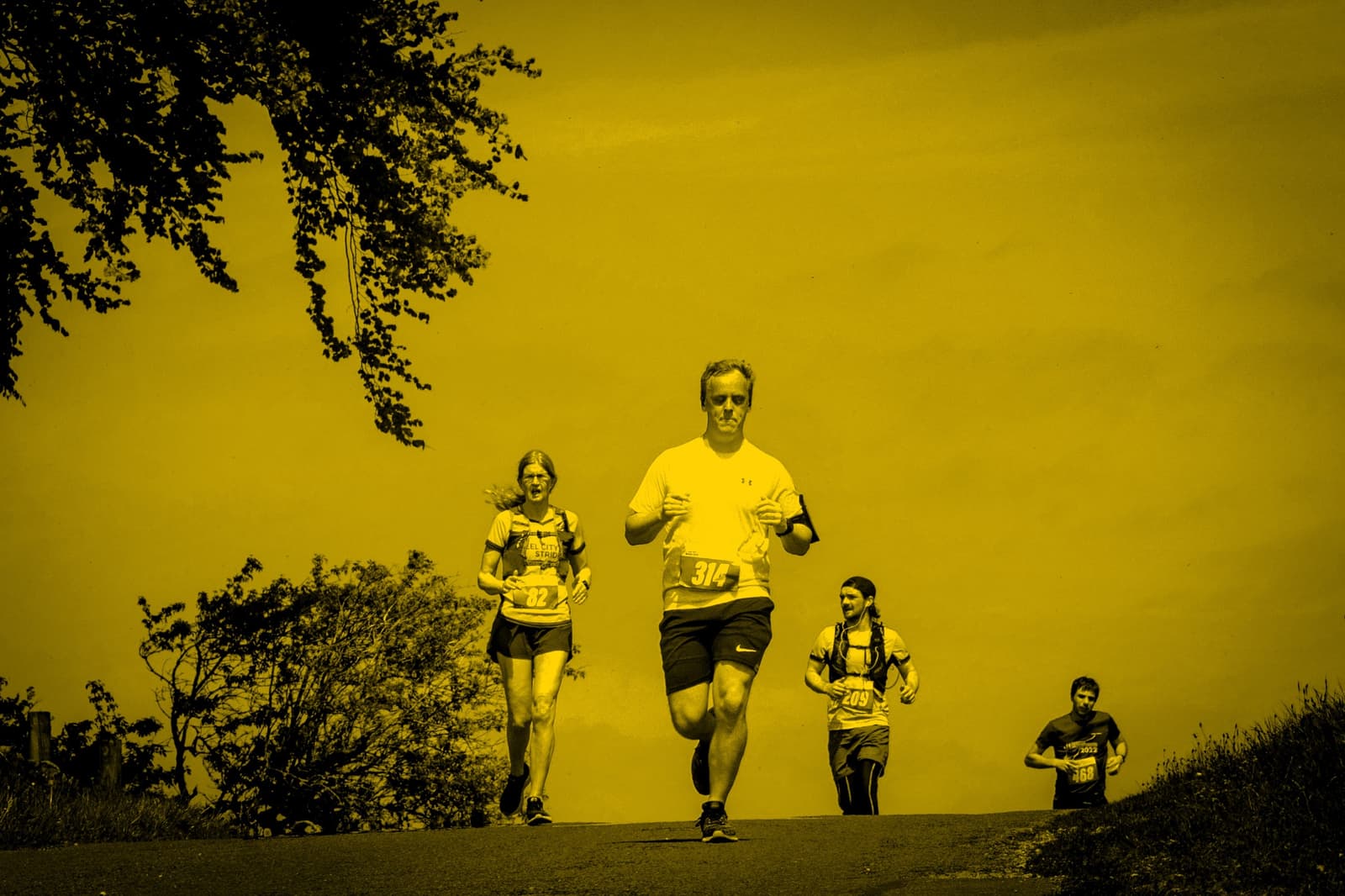A group of four runners in a yellow-tinted image, participating in an outdoor race. The lead runner, wearing a white shirt and numbered bib, is followed closely by another runner. Trees and a clear sky are in the background.