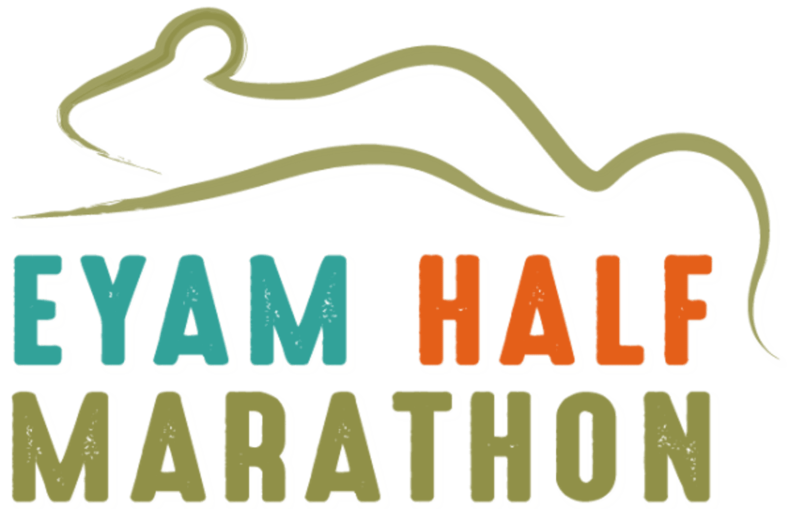 Logo for the Eyam Half Marathon. The text "Eyam Half Marathon" appears in large font, with "Eyam" in teal, "Half" in orange, and "Marathon" in white. Above the text is a green, stylized outline of a running figure.