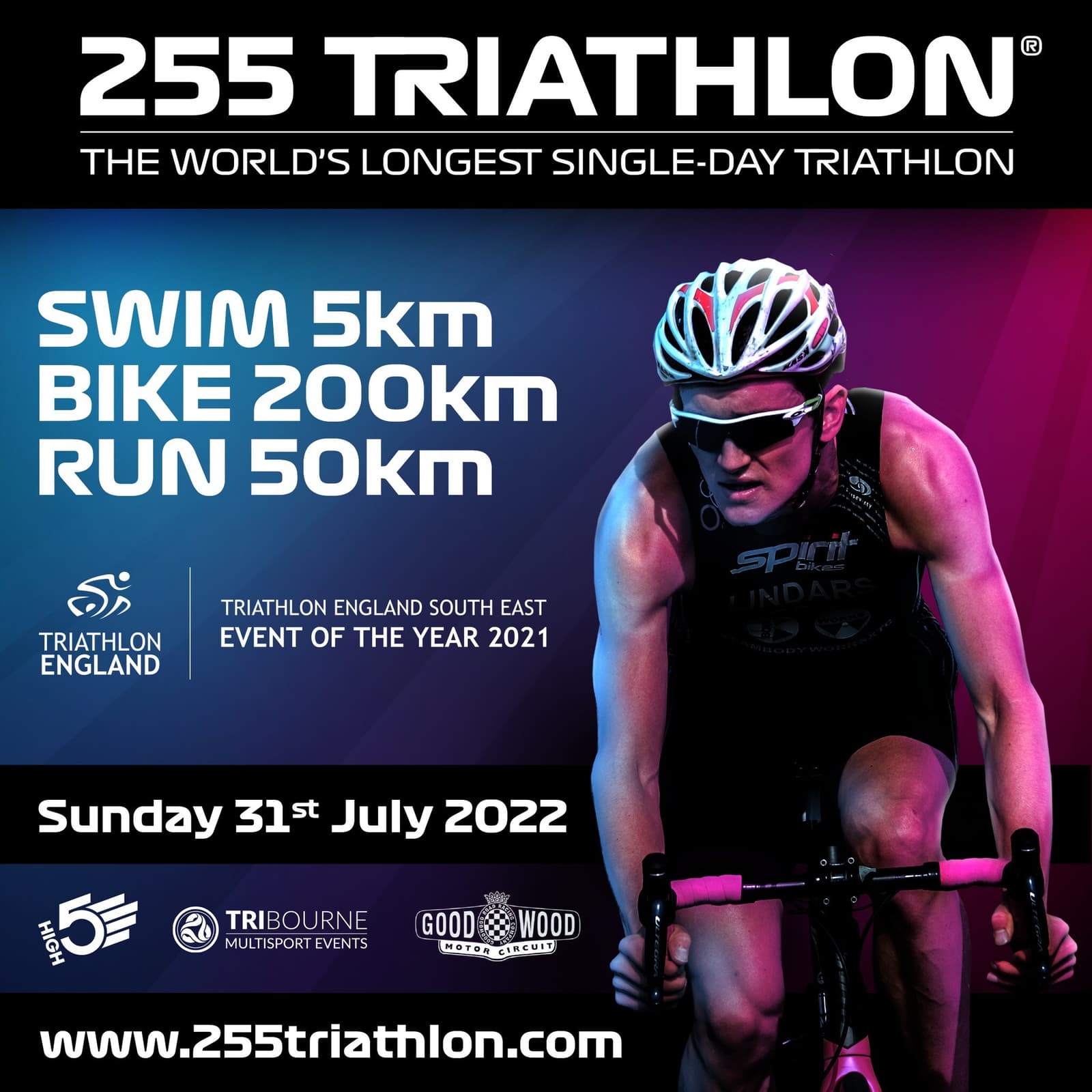 Promotional poster for the 255 Triathlon, titled "The World's Longest Single-Day Triathlon," highlighting event details: a 5km swim, 200km bike ride, and 50km run. Scheduled for Sunday, July 31, 2022, at Goodwood Motor Circuit, supported by Triathlon England.