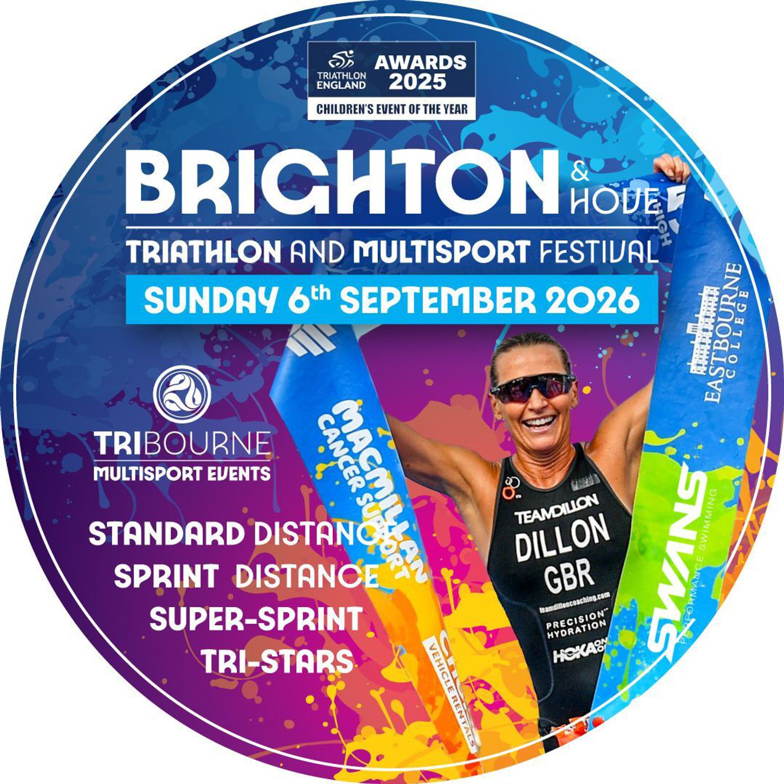 Circular promotional image for Brighton & Hove Triathlon and Multisport Festival, showing event details, colorful graphics, and a smiling athlete holding swimming gear. Event is on Sunday, 6 September 2026.