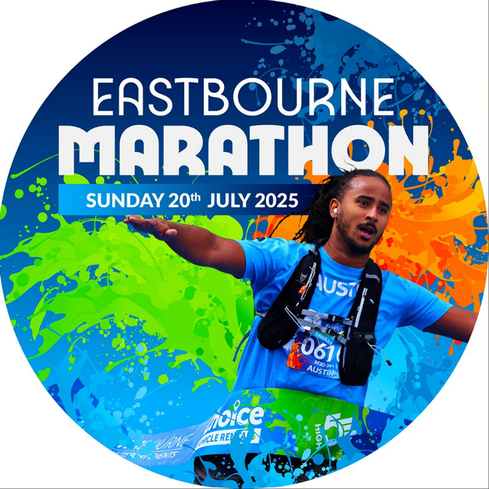 Man with long hair running in a marathon, wearing a blue shirt and race bib. The image has a colorful background with text: "Eastbourne Marathon, Sunday 20th July 2025.
