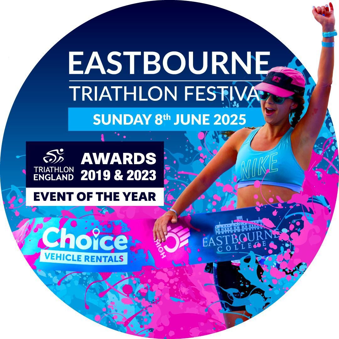 A colorful promotional image for the Eastbourne Triathlon Festival on Sunday, June 8, 2025. It highlights awards from Triathlon England for 2019 and 2023, mentions "Event of the Year," and features logos for Choice Vehicle Rentals and Eastbourne College.