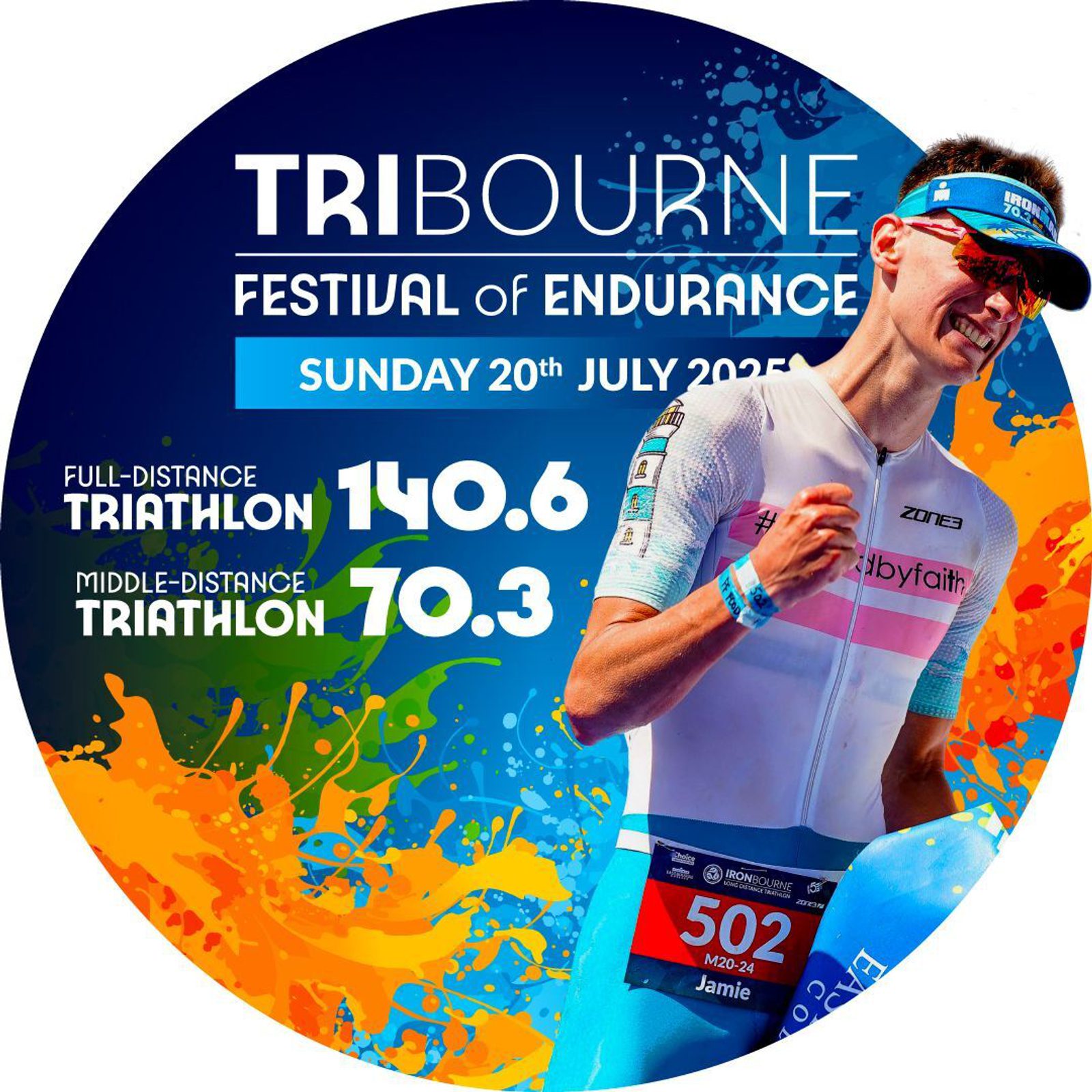 A promotional graphic for the TRIBOURNE Festival of Endurance on Sunday, July 20, 2025. It features an athlete in white and blue attire, holding a water bottle, with details of full-distance and middle-distance triathlons (140.6 and 70.3).