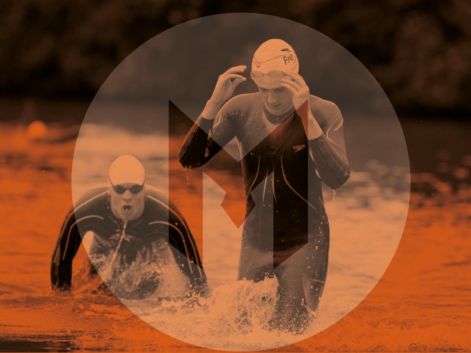 Two swimmers in wetsuits and swim caps emerge from the water during a triathlon, with a partially transparent geometric logo overlaying the image. The background features a blurred natural landscape. The overall tone of the image is orange.