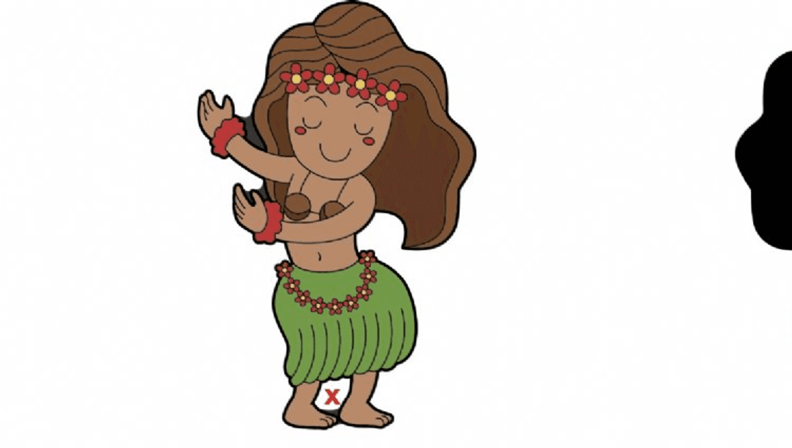 Illustration of a person dancing the hula, wearing a green grass skirt, a coconut bra, and floral accessories on the wrists and head. The dancer has long brown hair and appears to be smiling with eyes closed.