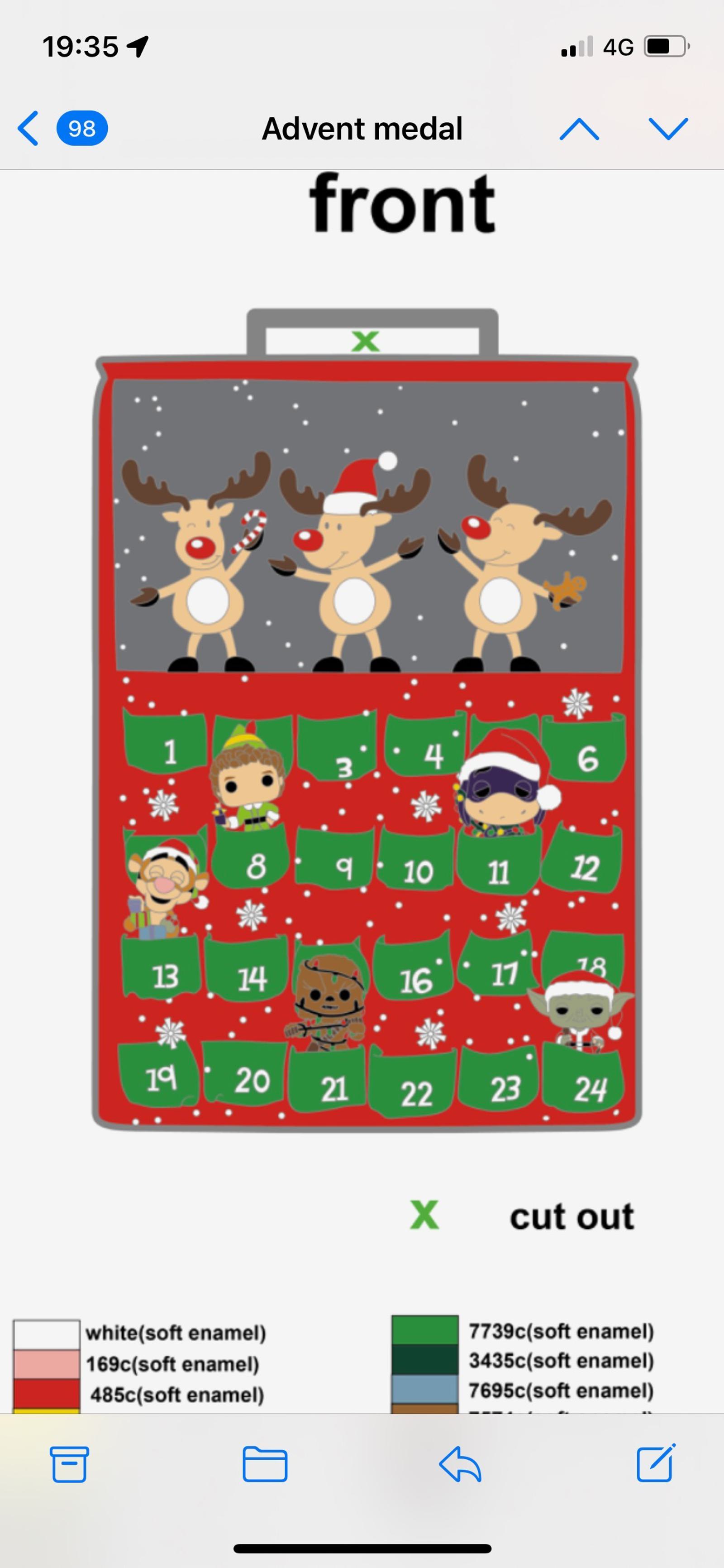 An advent calendar with a festive design featuring reindeer wearing Santa hats at the top. Below are 24 numbered slots, each with various designs such as cartoon characters, snowflakes, and gifts. The color guide indicates different enamel colors used for parts of the design.