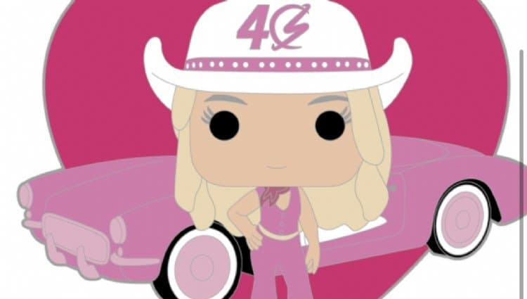 A Funko Pop! figure with blonde hair is dressed as a cowgirl in a pink outfit and wearing a white hat with the number "40" on it. The background features a heart shape and a pink retro car.