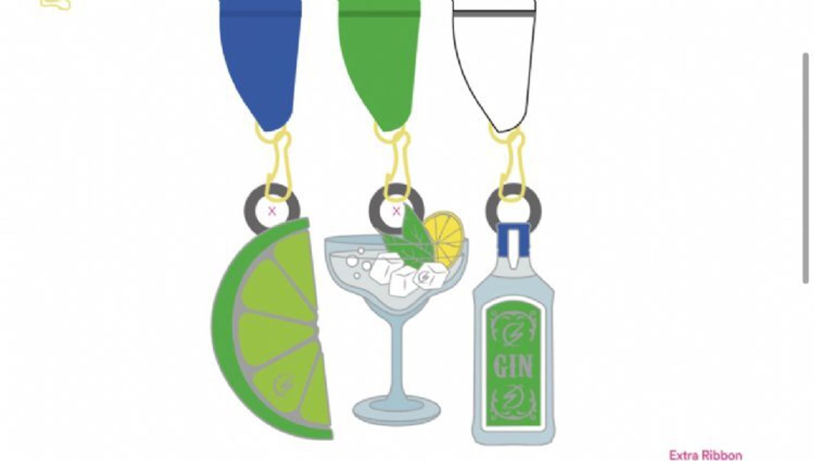Illustration of three ribbon awards featuring keychains: one with a lime slice, one with a glass of gin and tonic with ice and a lemon wedge, and one with a gin bottle. The ribbons are blue, green, and white respectively.