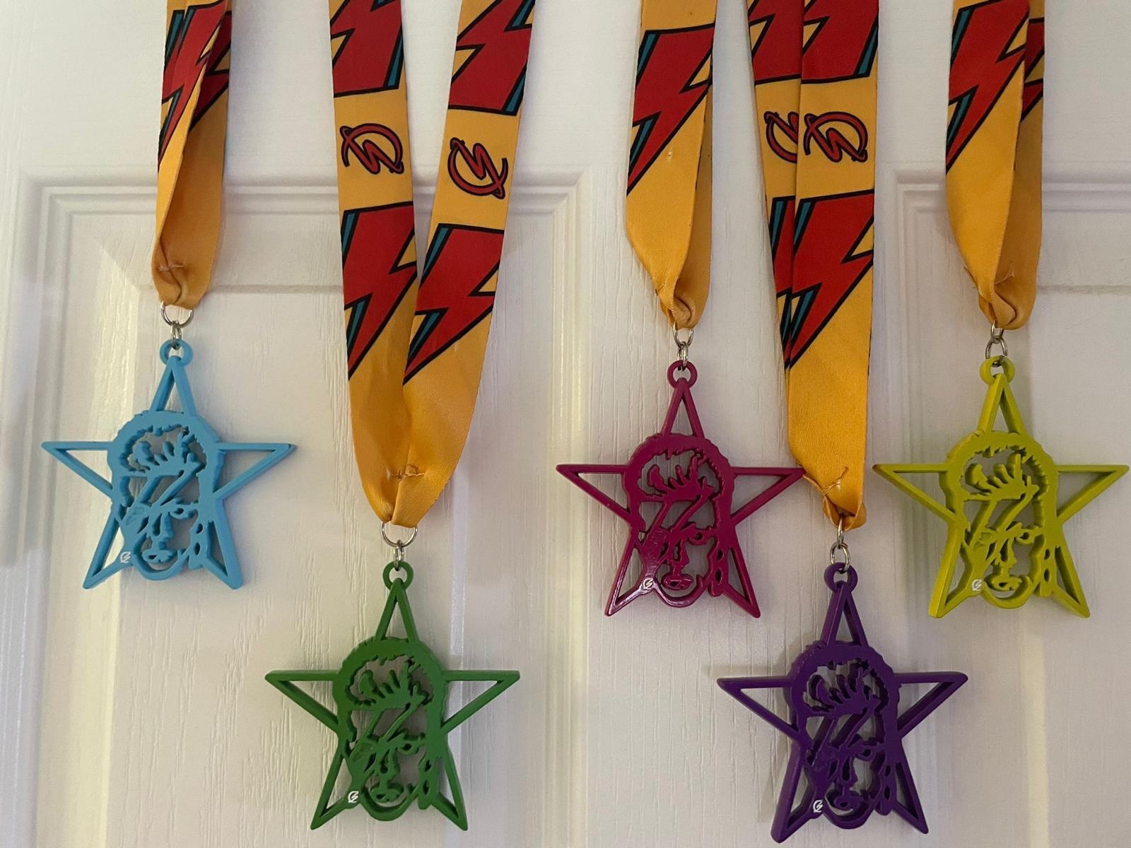 Five colorful star-shaped medals hang on ribbons with a lightning bolt design. The medals are blue, green, pink, purple, and yellow, each featuring a stylized lion face in the center. They are displayed on a white background.