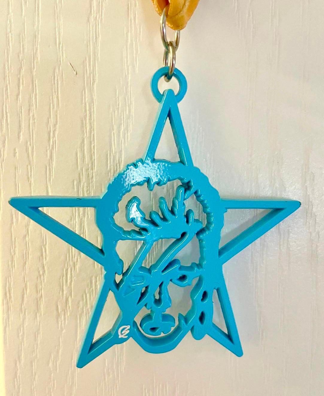 A blue star-shaped ornament with a cutout design depicting a stylized face with a lightning bolt across it, hanging in front of a light-colored textured background.