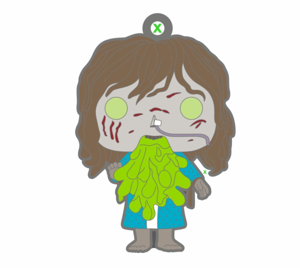 An illustration of a Funko Pop figurine depicting a character with pale green skin, disheveled brown hair, and green substance on its face and clothing. The figure has cuts on its face, wears a blue robe with a dagger in its head, and has a distressed appearance.
