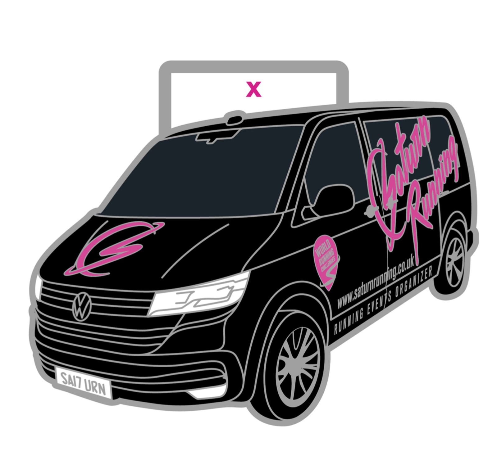 Illustration of a black van with pink accents and branding for Saturn Running, a running events organizer, featuring their website URL on the side. The van has a prominent front grill, headlights, and license plate reading "SA17 URN.