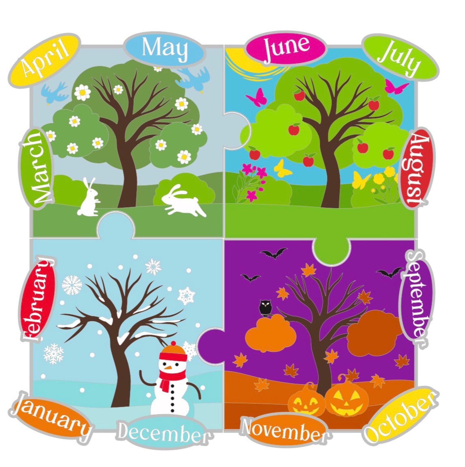 A colorful jigsaw puzzle illustration of trees representing the four seasons: spring (March, April, May) with blooming flowers and rabbits, summer (June, July, August) with fruit on trees, autumn (September, October, November) with falling leaves and pumpkins, and winter (December, January, February) with snow, a snowman, and bare branches. Each season is depicted with corresponding months in a curved banner.