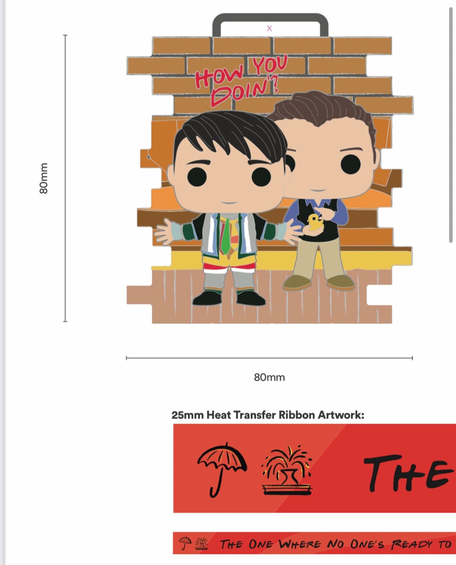 Two cartoonish characters standing in front of a brick wall with "How You Doin'?" written above. One wears a striped outfit, the other a suit with a duck toy. Below is text reading "25mm Heat Transfer Ribbon Artwork" with icons of an umbrella, lobster, and mug.