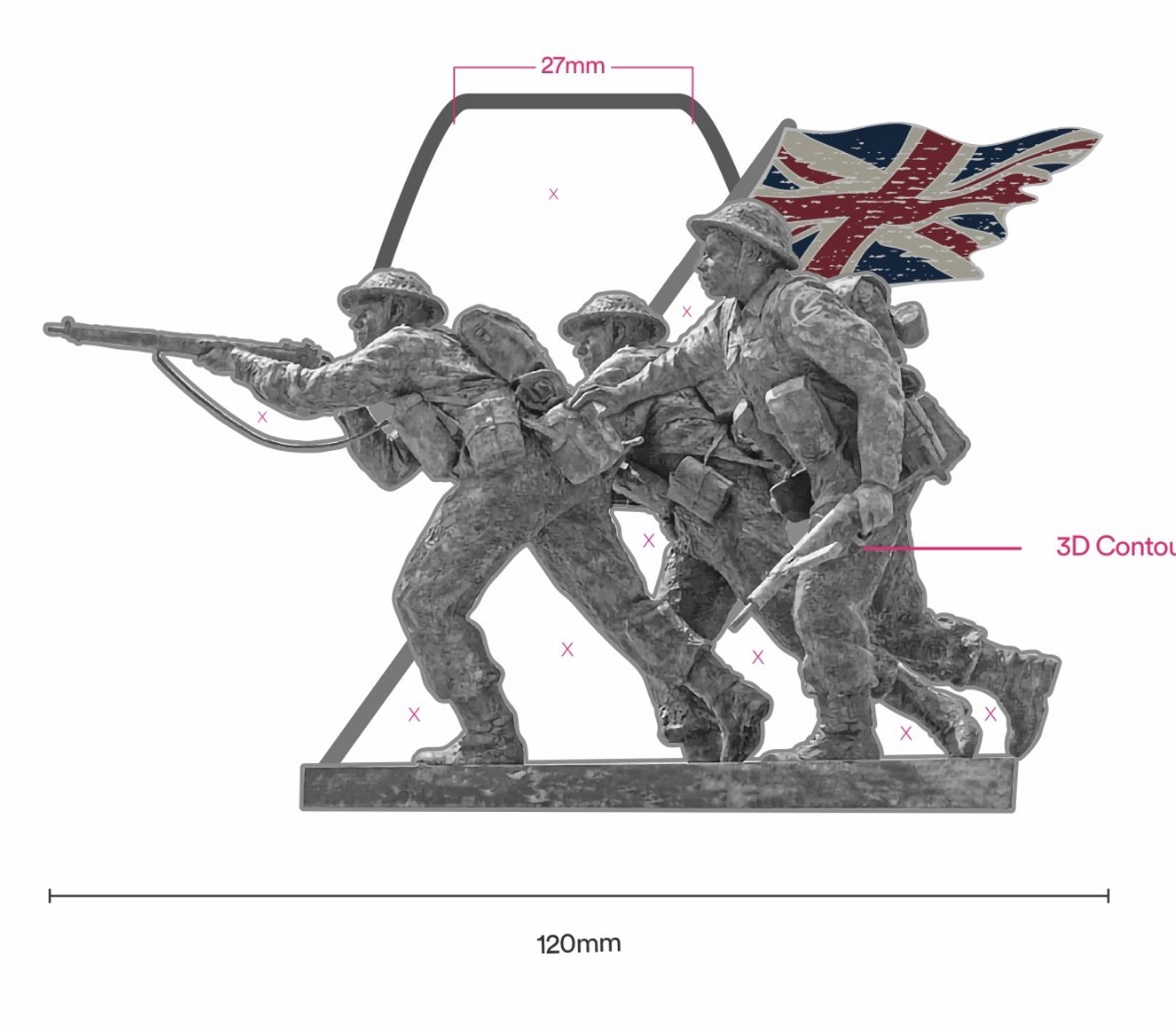 A 3D contour model of soldiers in action, carrying weapons and a British flag. Model dimensions are 27mm in height and 120mm in length. The soldiers appear to be in a historical military scene.