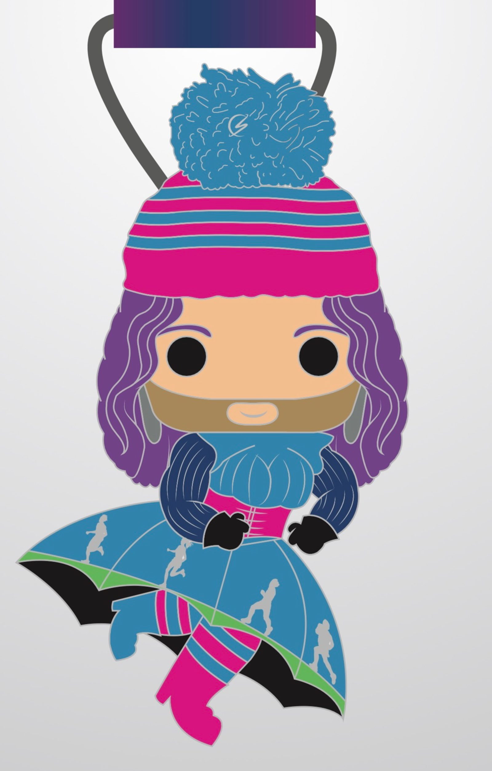 Illustration of a stylized doll with long purple hair, wearing a pink and blue beanie with a pom-pom. The doll is dressed in a patterned blue dress with pink accents, a grey beard, and holding a pink and green umbrella.
