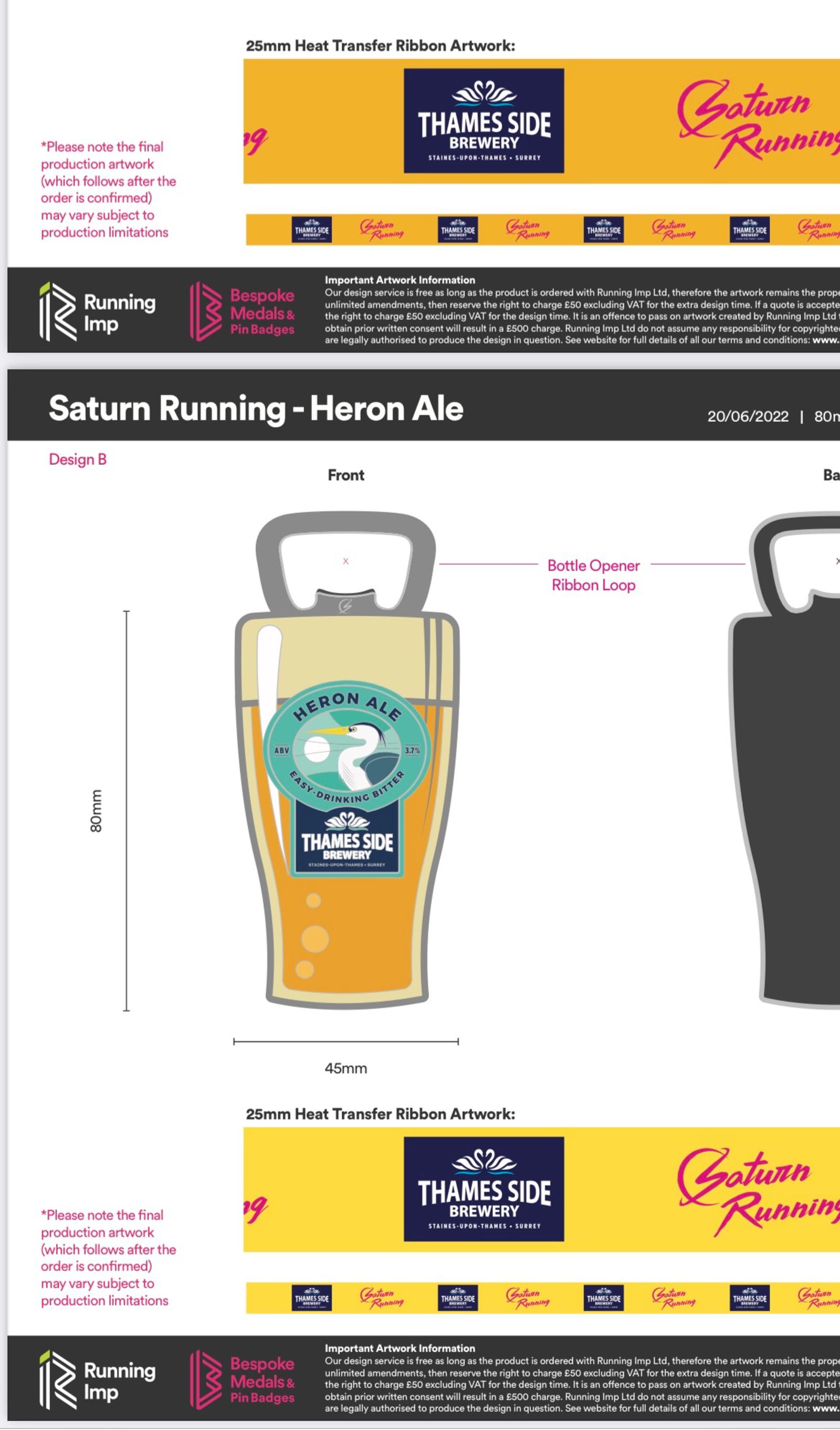 An illustration featuring a bottle opener shaped like a beer bottle with a label reading "Thames Side Brewery" Heron Ale. The label features a heron standing in water. Specifications include dimensions of 80mm height and 45mm width, and 25mm heat transfer ribbon artwork.