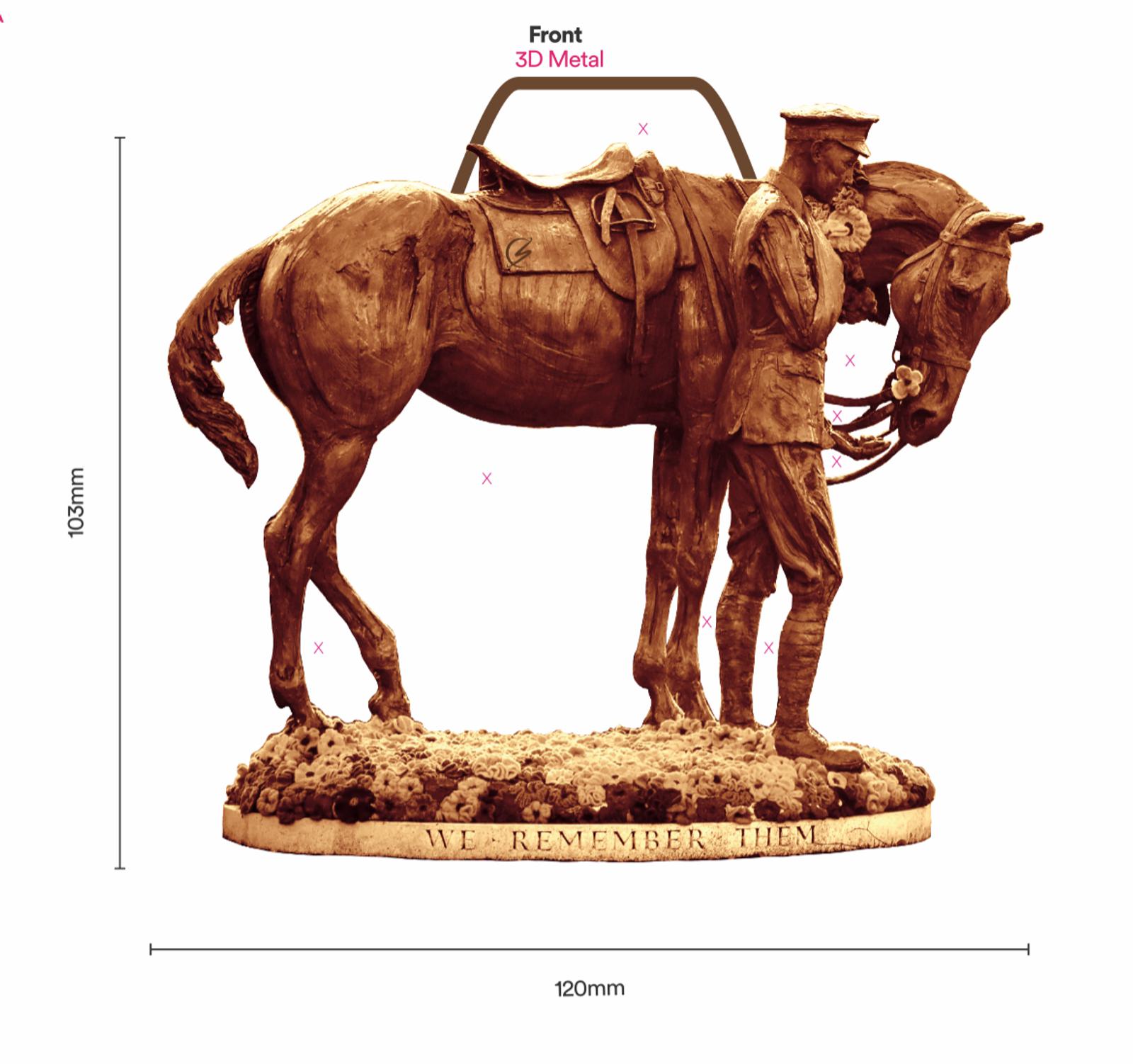 A bronze statue depicting a soldier standing beside a horse, both looking downward. The soldier appears contemplative, with one hand resting on the horse's neck. The base of the statue is inscribed with the words "We Remember Them." Dimensions are also provided.