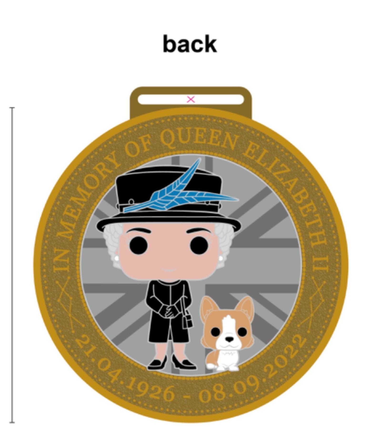 A commemorative coin features a cartoon figure of Queen Elizabeth II wearing a black hat with a blue feather, standing next to a corgi. The coin's edge is inscribed with "IN MEMORY OF QUEEN ELIZABETH II," her birth and death dates, and a background Union Jack.
