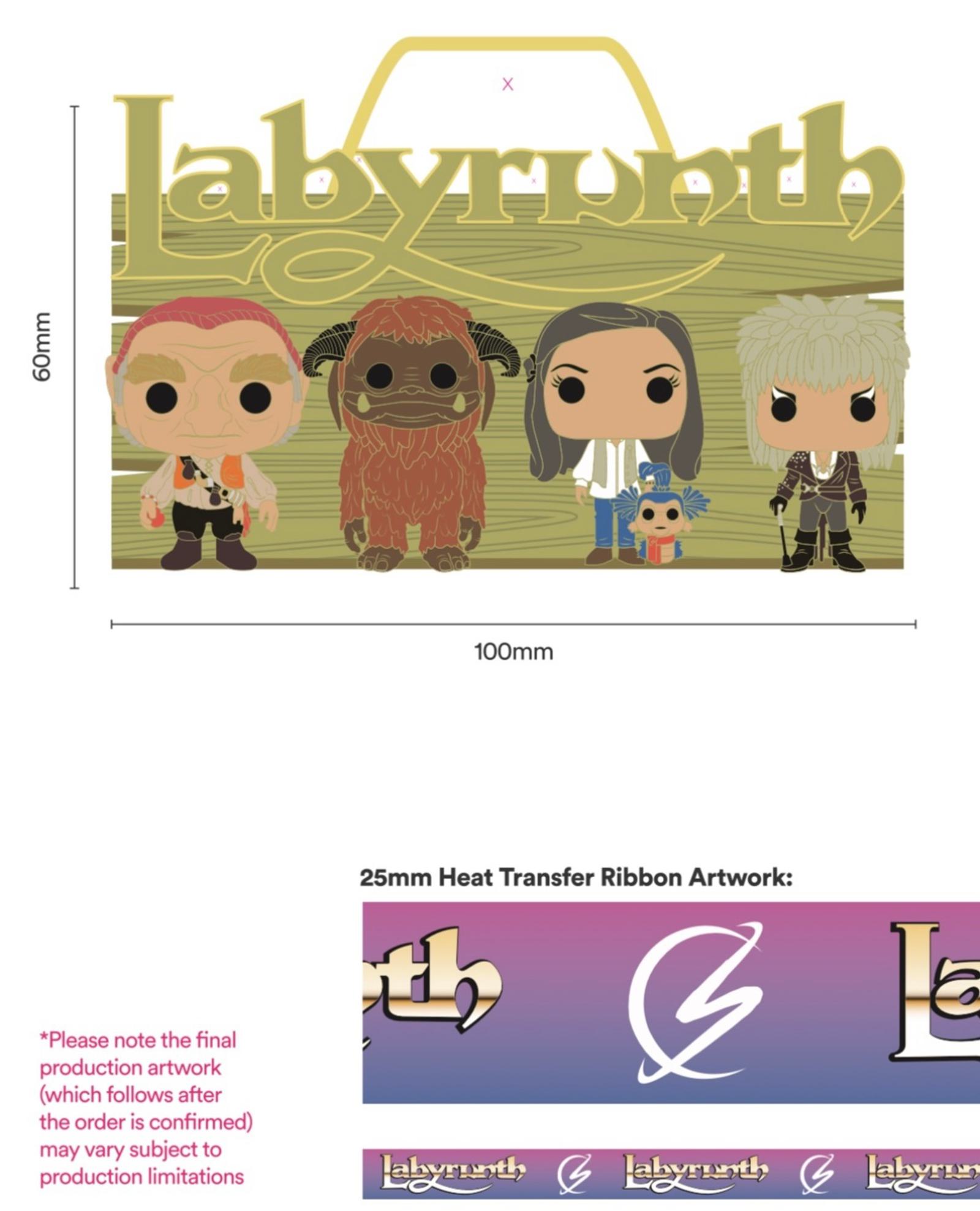 An illustration of five Funko Pop-style characters from "Labyrinth" with a keychain design. They stand in front of a gold "Labyrinth" logo. The design is 100mm wide and 60mm tall. Below, there is a 25mm heat transfer ribbon pattern with a gradient background and "Labyrinth" logos.