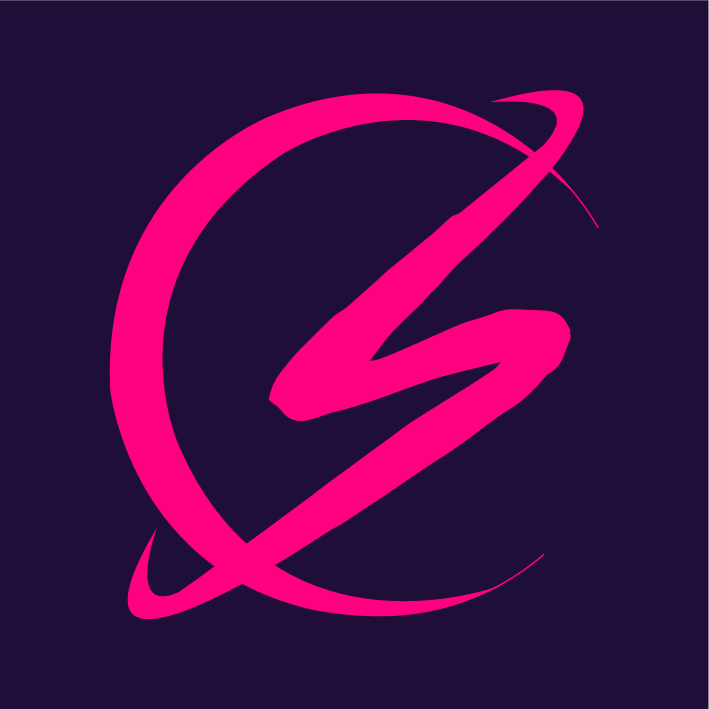 A bold, stylized, pink letter "S" with a curved line looping around it to form an incomplete circle, set against a dark purple background.