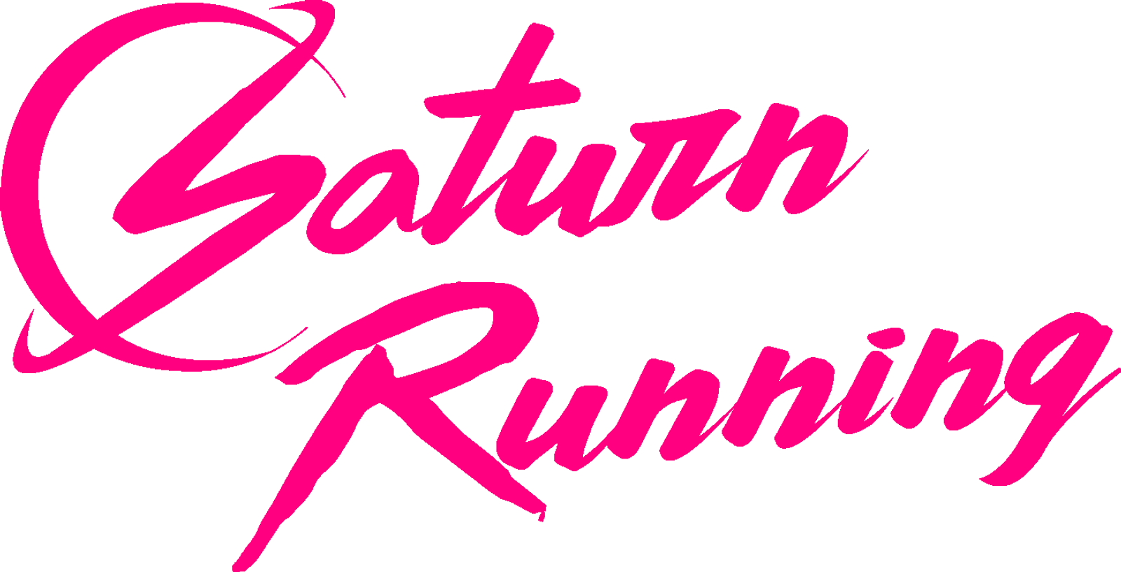 Saturn Running" is written in a bold, pink, cursive font with the first letter "S" incorporating a sweeping loop around it. The entire text is stylized, giving it a dynamic look.