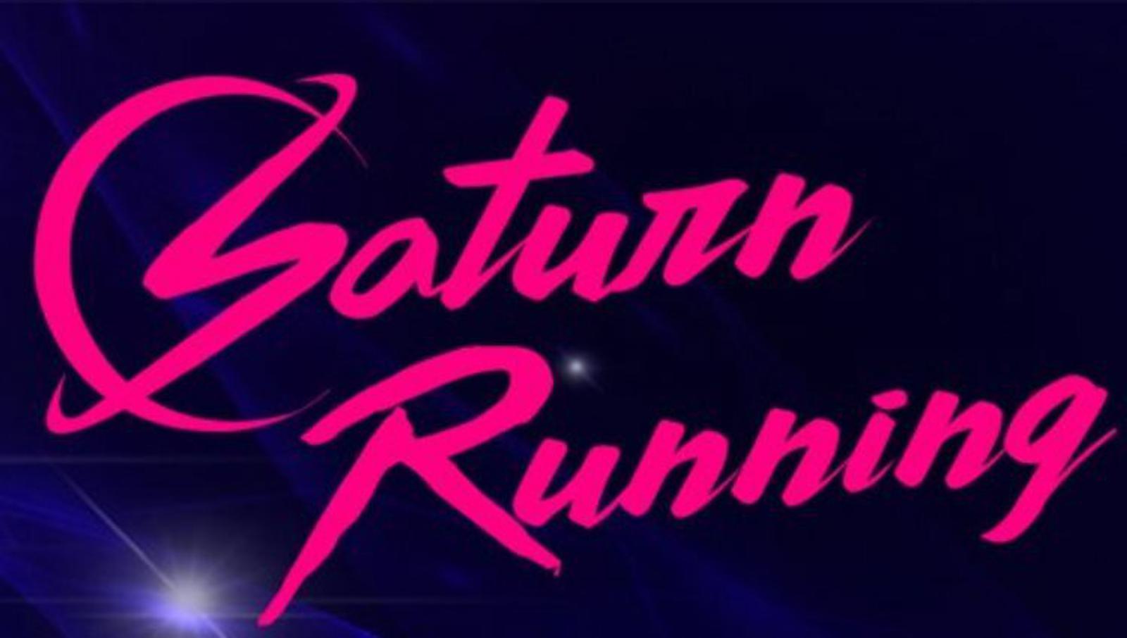 The image shows the words "Saturn Running" in bold, pink, cursive letters against a dark blue background.