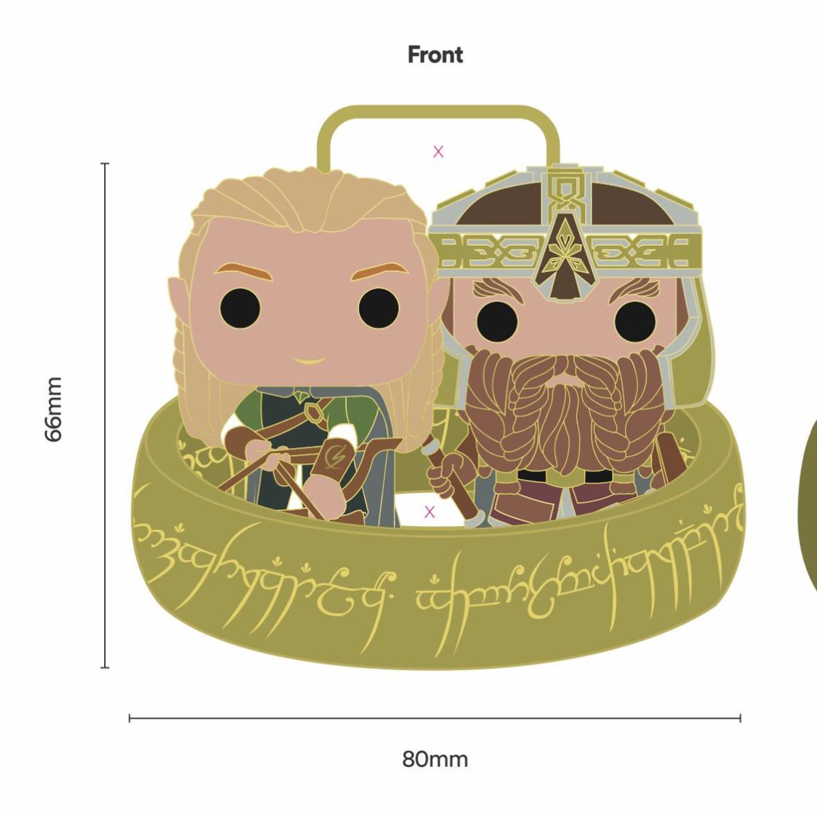Two cartoon characters with distinct hairstyles and accessories are shown side by side within a circular, gold ring featuring an inscription. The image includes dimensions: 66mm tall and 80mm wide. The characters have large heads and small bodies, typical of Funko Pop! figures.