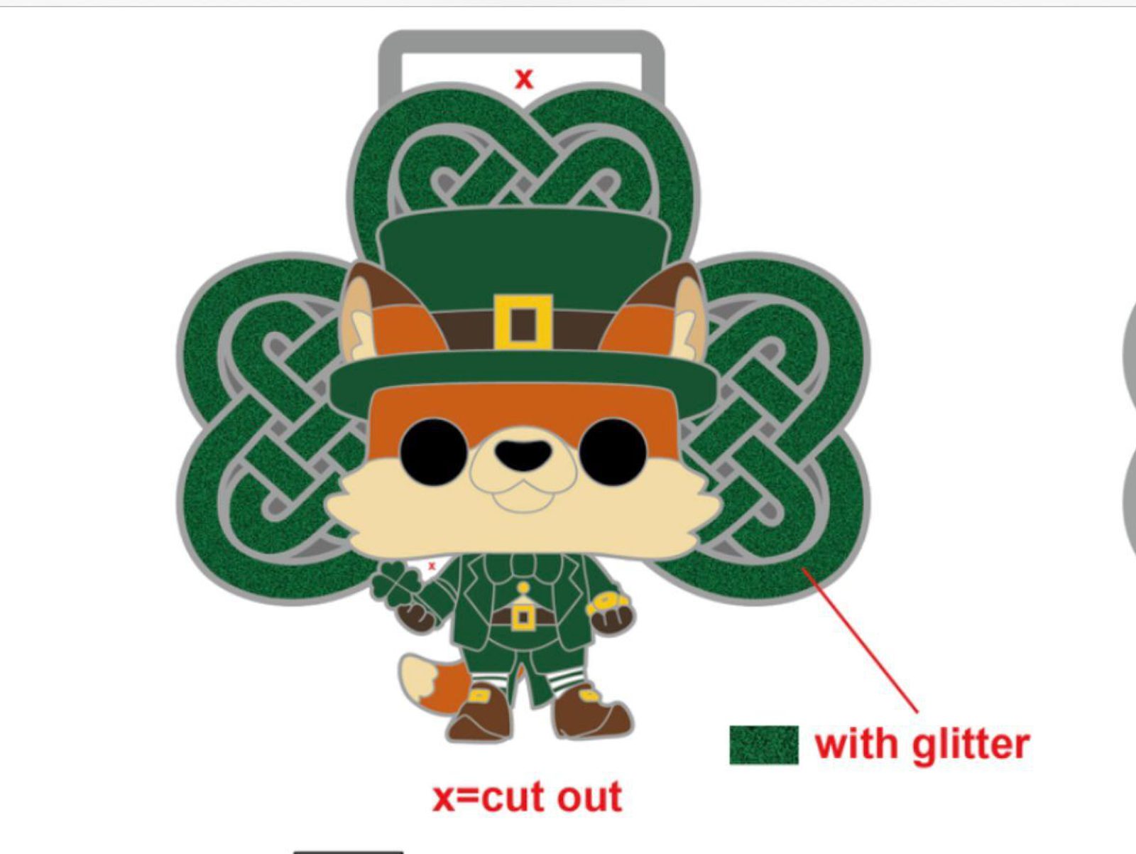 Illustration of a stylized character dressed as a leprechaun in green attire standing in front of a large, intricate shamrock with a Celtic knot design. The shamrock has glitter accents and cut-out sections marked with an 'x'.