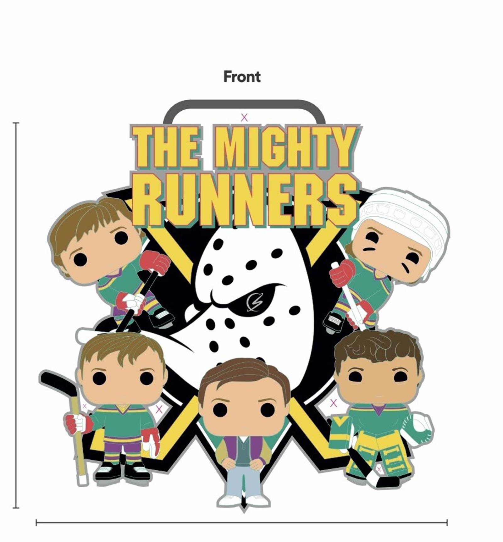 An illustration of five funko pop hockey players, dressed in green, yellow, and white uniforms, posed around a black hockey puck with the text "The Mighty Runners" in front of it. One player wears a goalie helmet, and all hold hockey sticks.