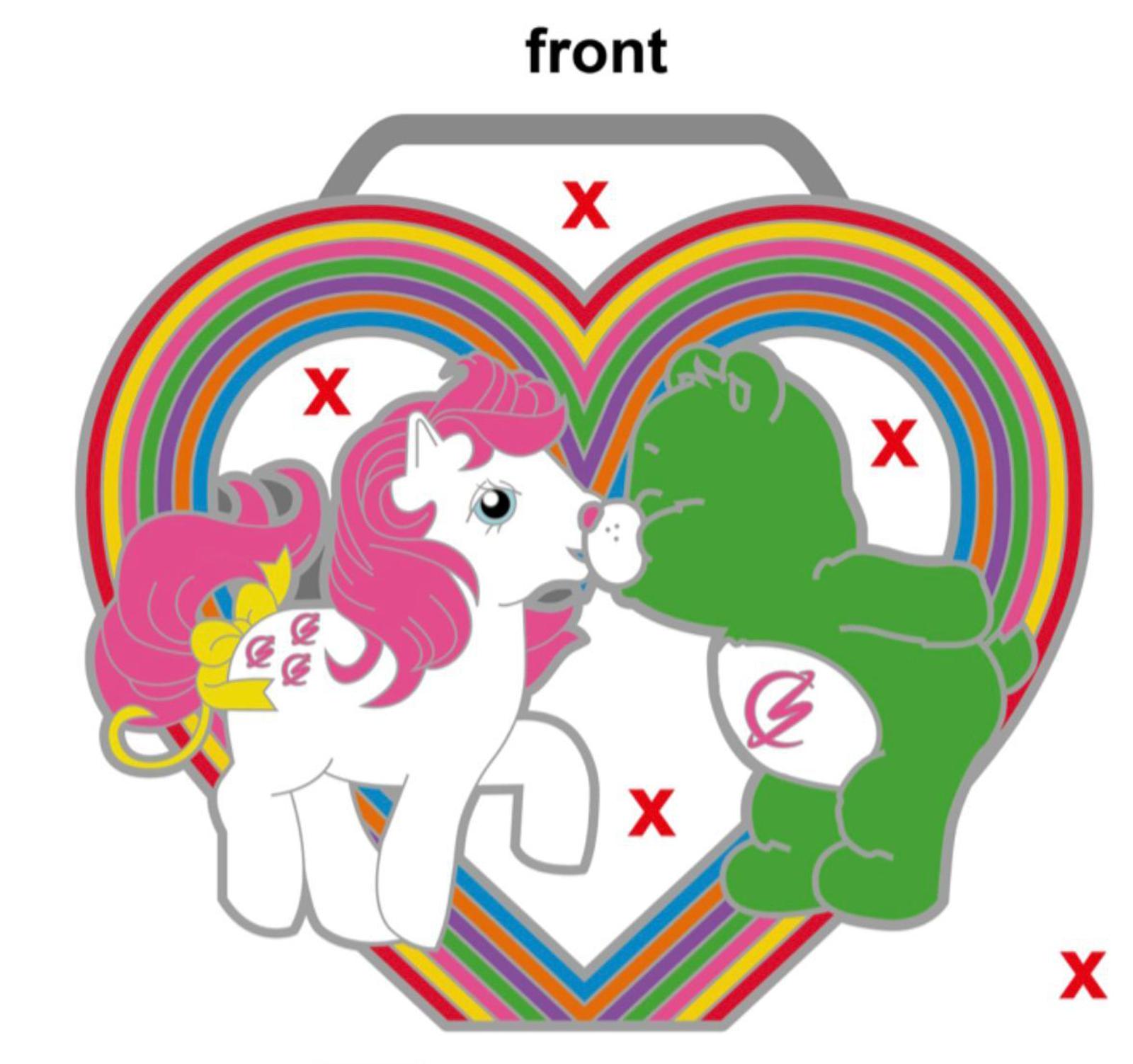 A colorful illustration features a white pony with pink hair and a green bear, both with friendly expressions, facing each other against a heart-shaped rainbow background. Red "X" marks are scattered within the heart.