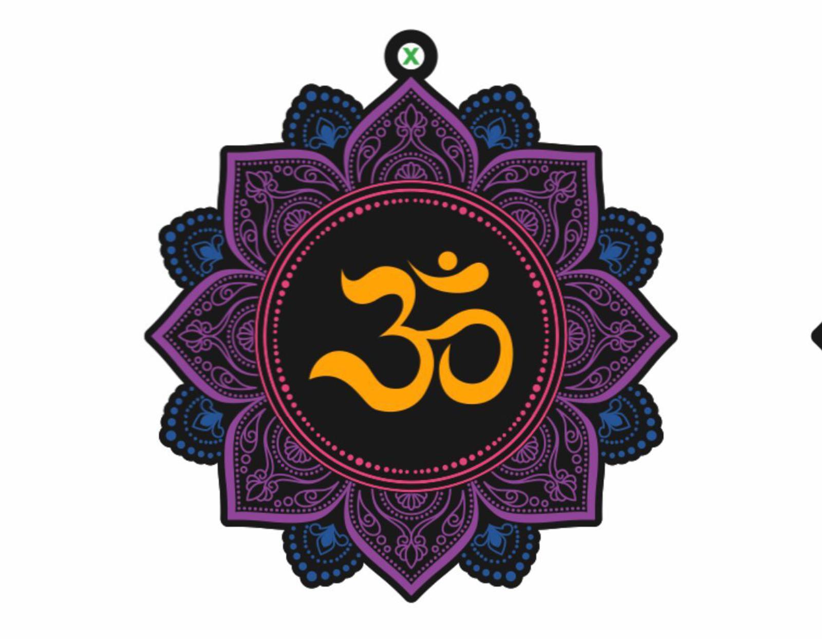 A circular design features a prominent orange "Om" symbol in the center, surrounded by a purple and blue intricate mandala pattern on a black background.
