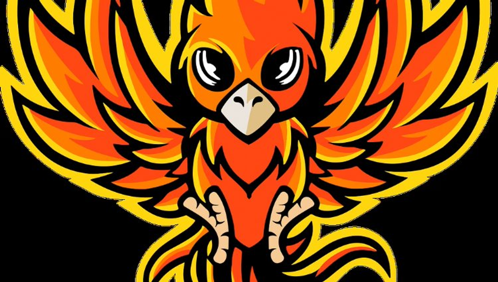 A stylized, cartoonish phoenix with vibrant orange, red, and yellow feathers. It has large eyes, spread wings, and a plume of flame-like feathers on its head, evoking a sense of energy and rebirth.