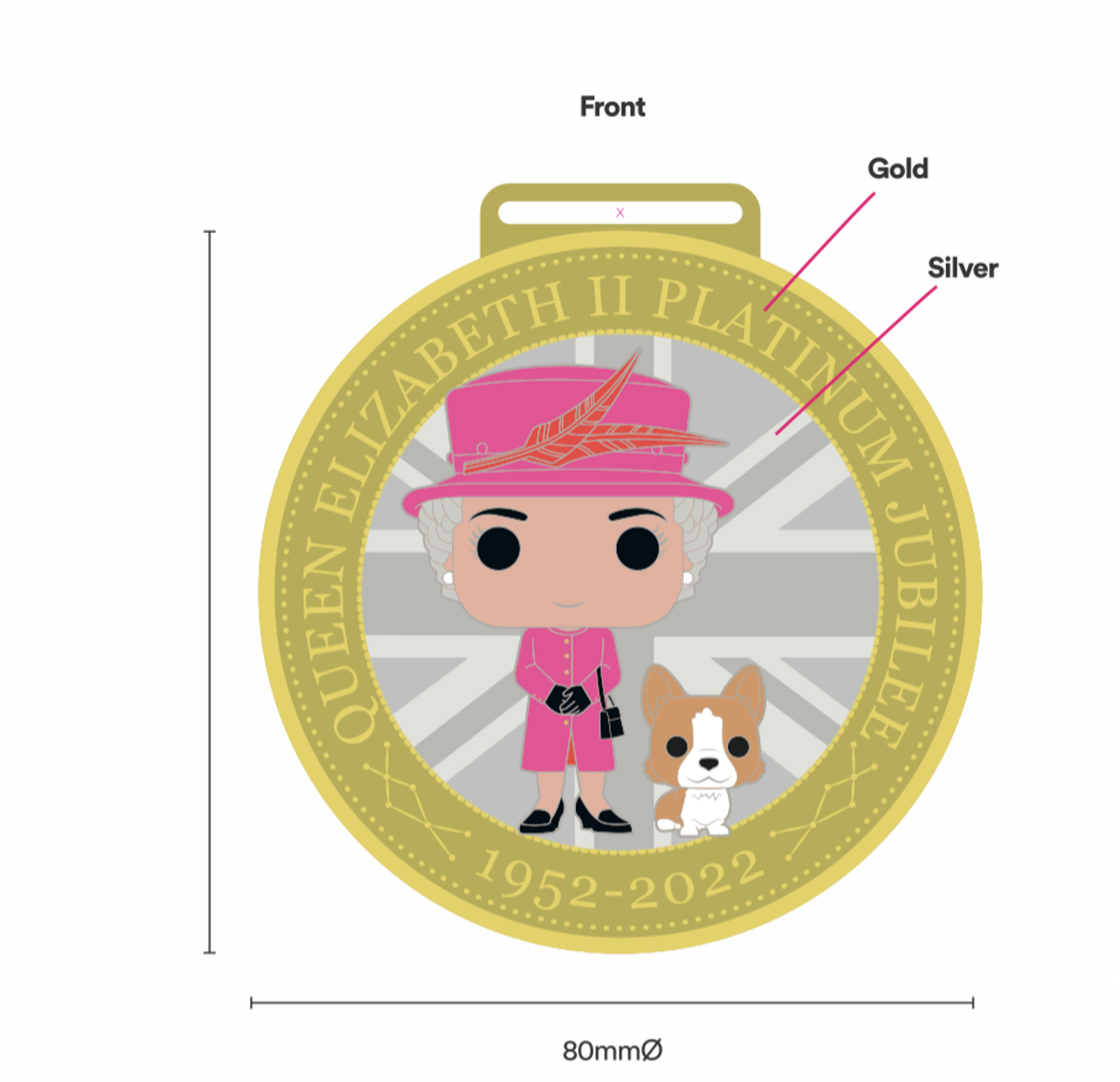An illustrated medal features a cartoon figure of Queen Elizabeth II in a pink outfit and hat, standing beside a corgi dog. The medal reads "Queen Elizabeth II Platinum Jubilee 1952-2022" and has gold and silver design accents. The size is 80mm in diameter.