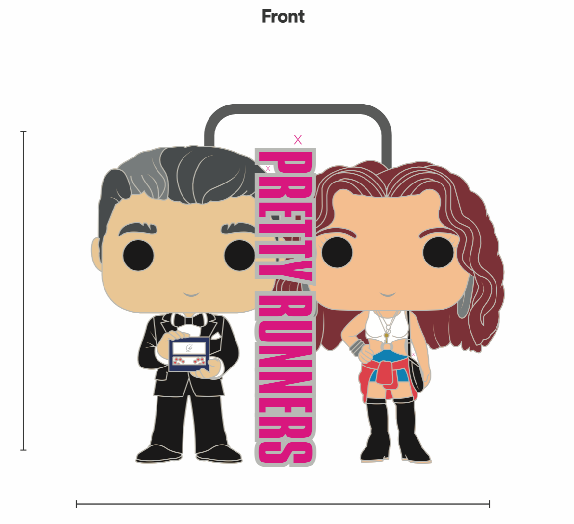 A Funko Pop figure set features two characters: a man in a black suit holding a tablet and a woman in a colorful outfit with long curly hair. Both figures stand in front of a vertical banner displaying the text "PRETTY RUNNERS" in bold pink letters.
