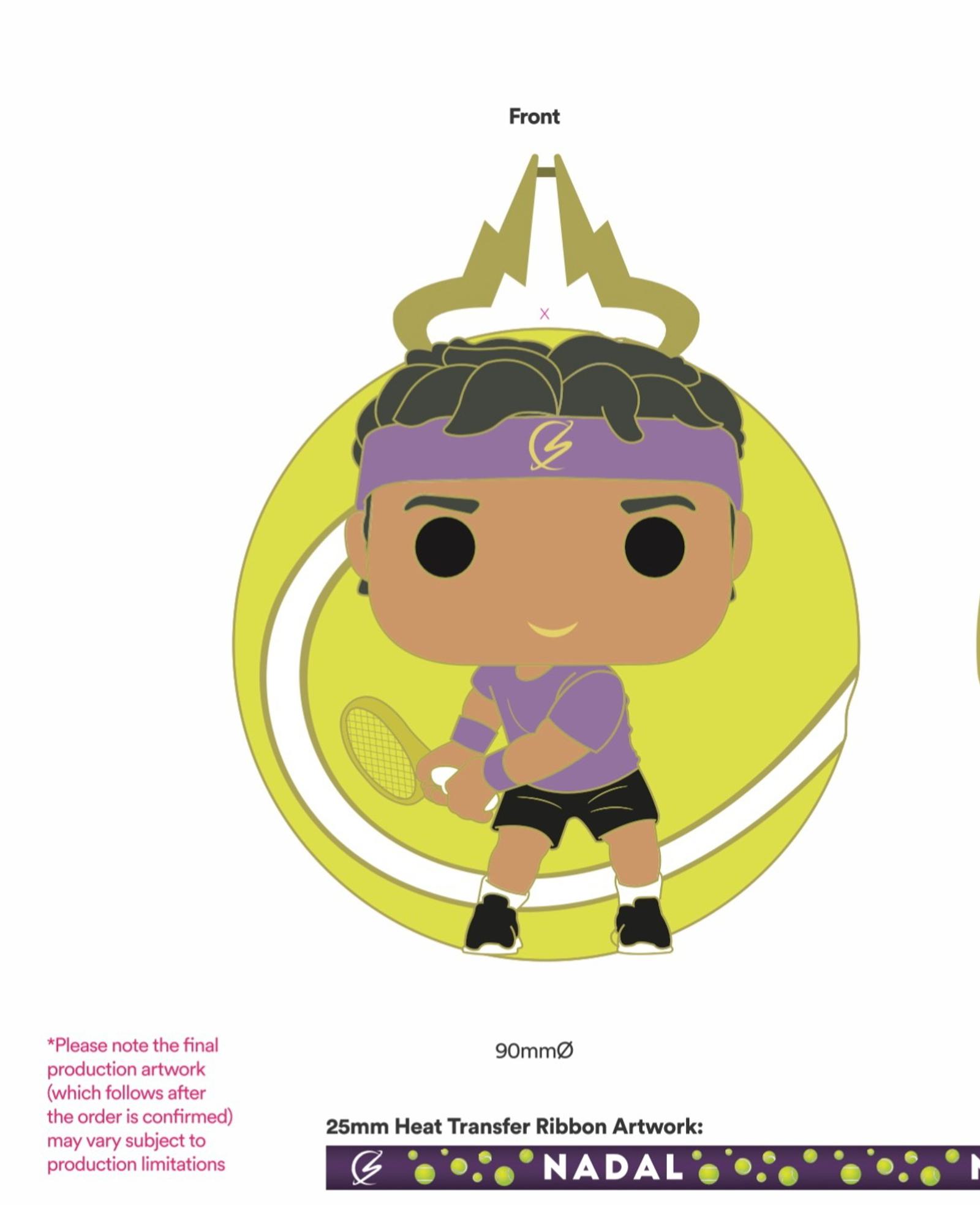 Illustration of a Pop! figure with a tennis theme. The figure holds a tennis racket and wears a purple headband, shirt, and black shorts. Behind the figure is a large yellow tennis ball. The base of the figure has "NADAL" and a 25mm purple ribbon detail.