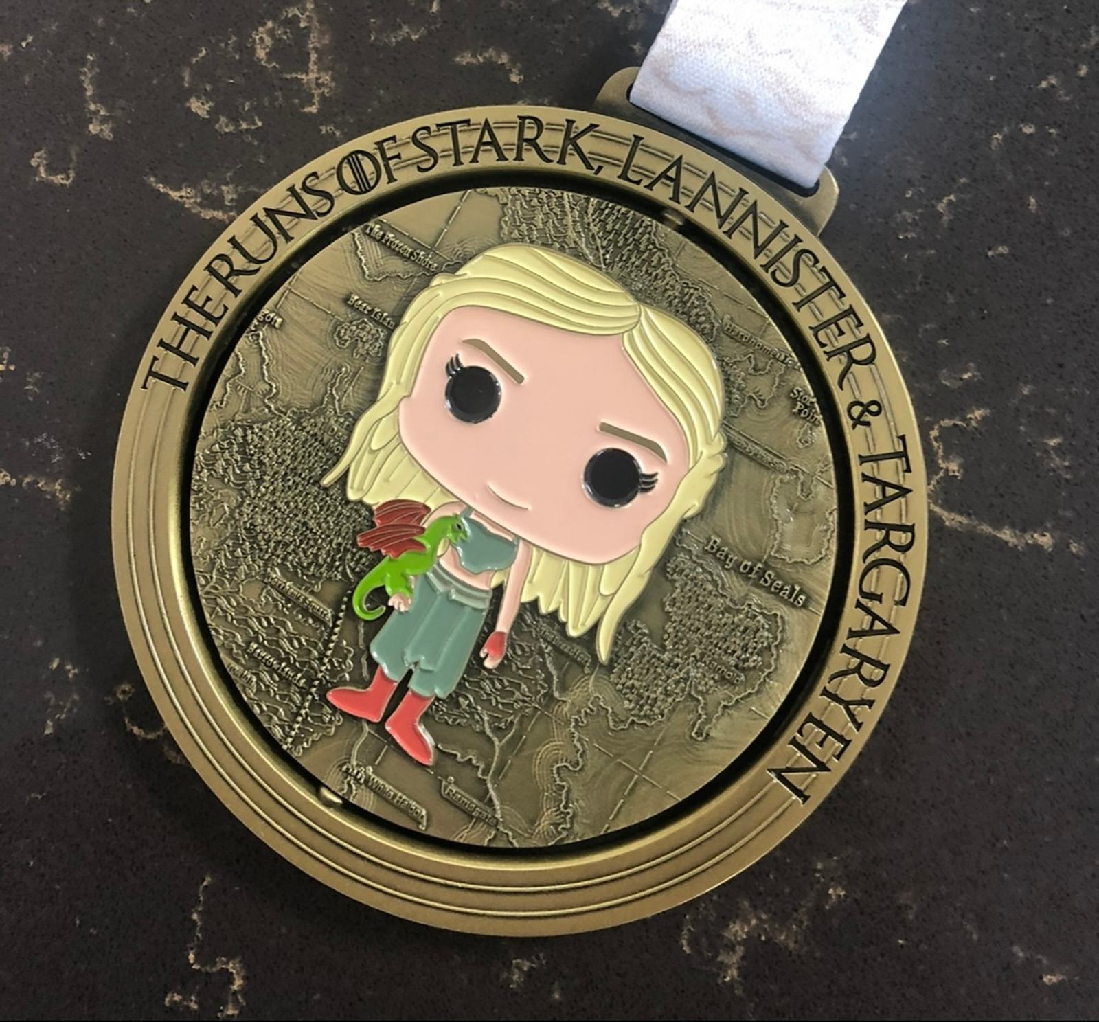 A round gold-colored medal featuring a cartoon-style character with long blond hair holding a small red dragon. The inscription around the edge reads "The Runs of Stark, Lannister & Targaryen." The background depicts a map-like design.