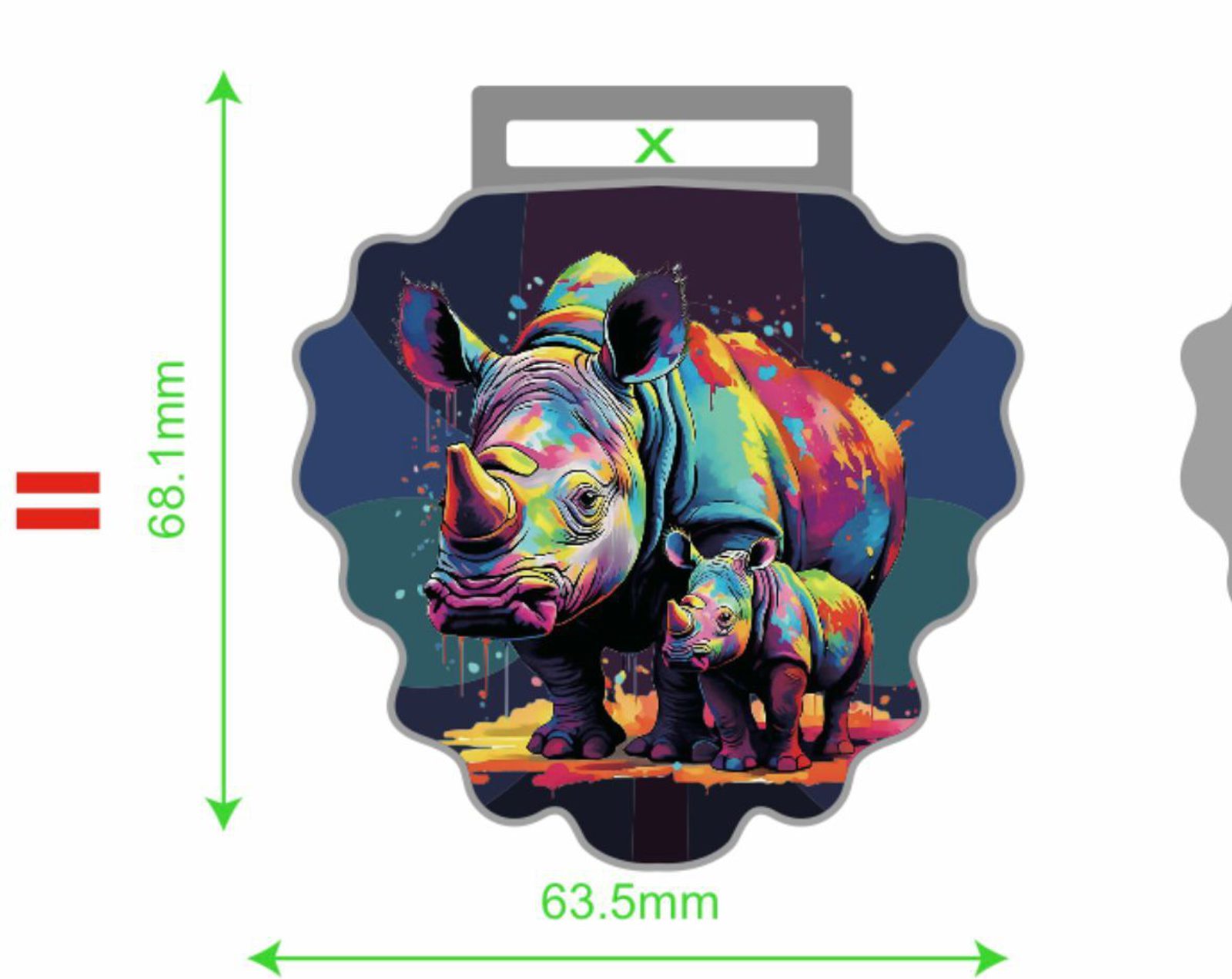 A colorful graphic illustration of an adult rhinoceros and a calf. The design features vibrant hues in blues, pinks, yellows, and greens, with an abstract backdrop. Dimensions are noted: 68.1mm in height and 63.5mm in width, shaped like a gear with a handle on top.