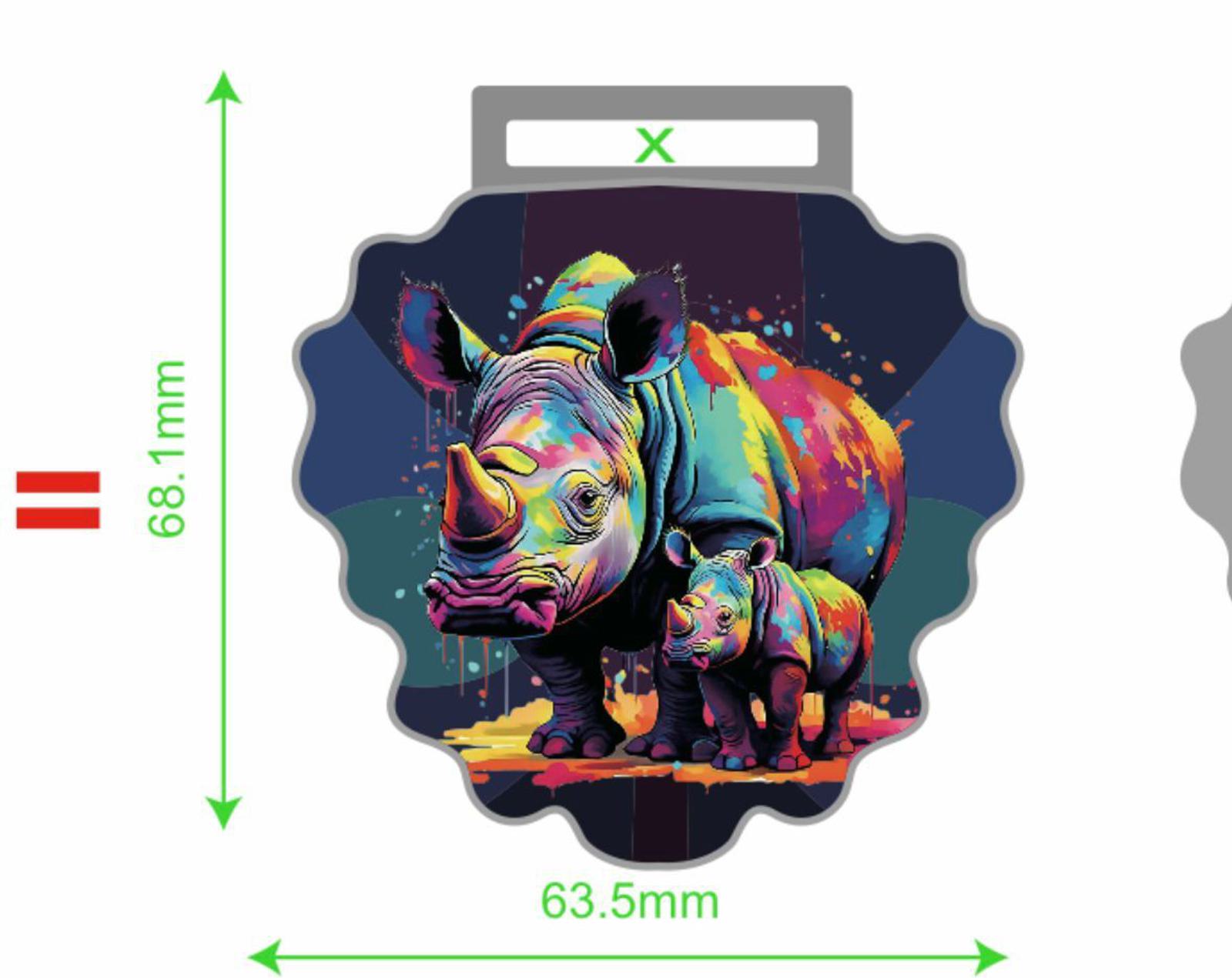 A colorful digital art piece featuring a rhinoceros and its calf, with splashes of vibrant colors. The image has dimensions labeled as 68.1 mm in height and 63.5 mm in width.