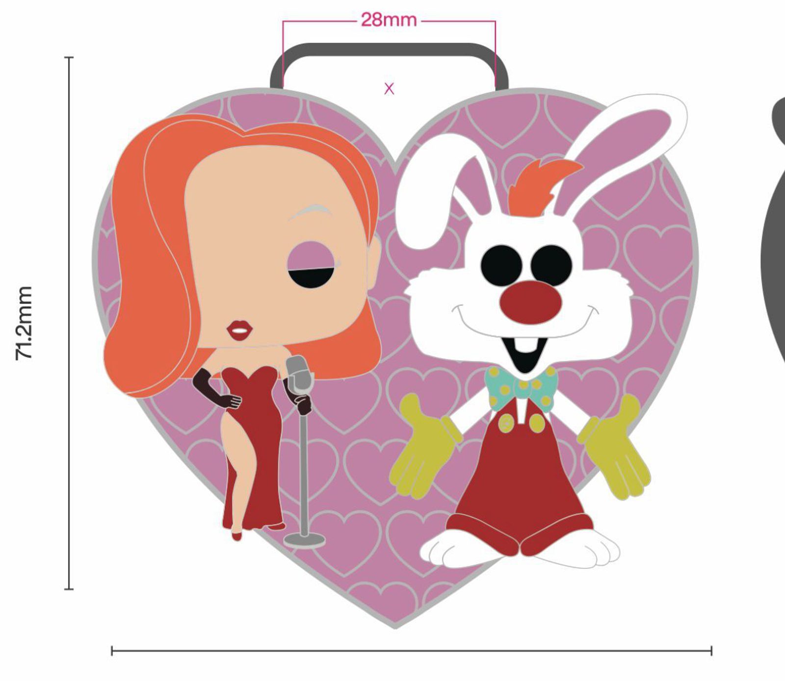 An illustration of two cartoon characters against a heart-shaped background with a repetitive heart pattern. The left character is a woman with red hair in a red dress holding a microphone, and the right character is a white rabbit wearing red overalls and a polka-dot bow tie.